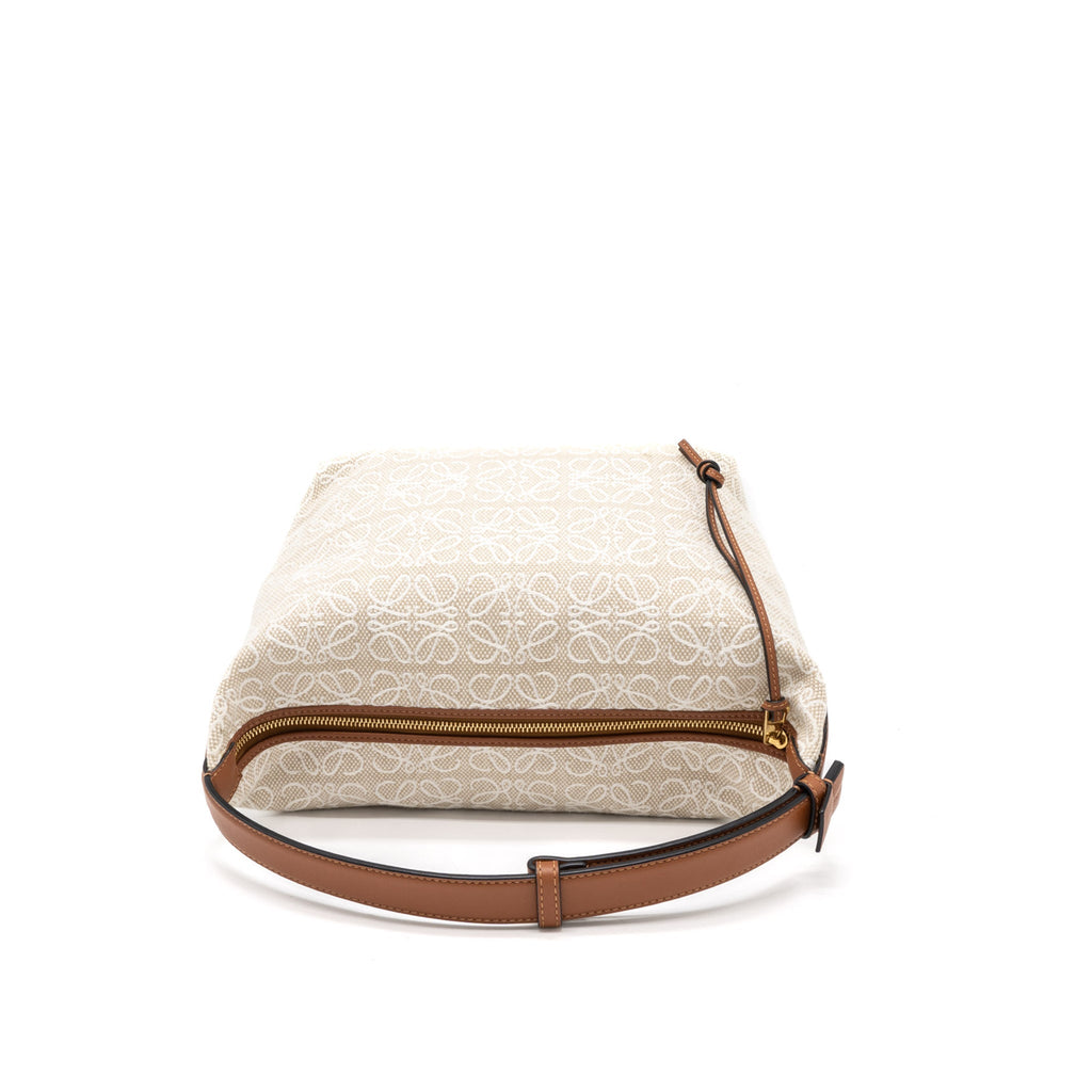 LOEWE MEDIUM CUBI ANAGRAM BAG TRIMMED LEATHER/JACQUARD CANVAS BEIGE/BROWN GHW