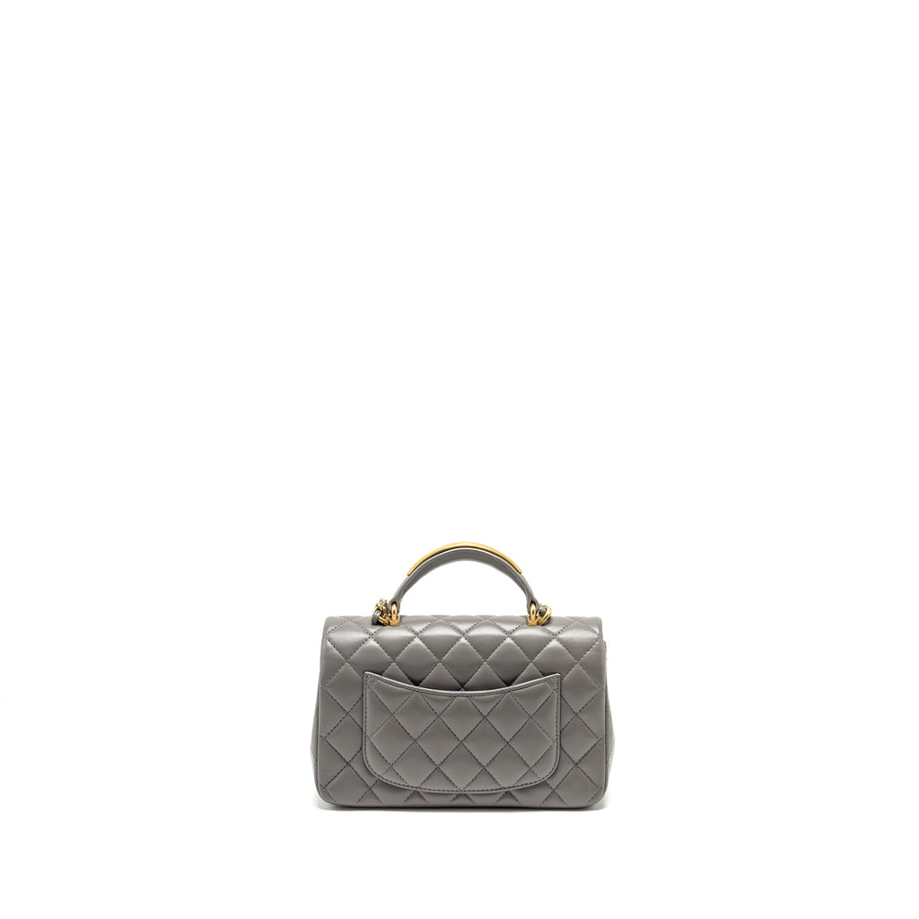 CHANEL 22K METAL TOP HANDLE MINI RECTANGULAR FLAP BAG LAMBSKIN GREY GHW (MICROCHIP)