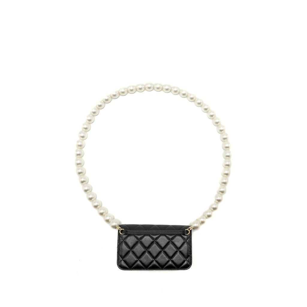 CHANEL CC LOGO CLUTCH WITH GIANT PEARL CHAIN LAMBSKIN BLACK LGHW