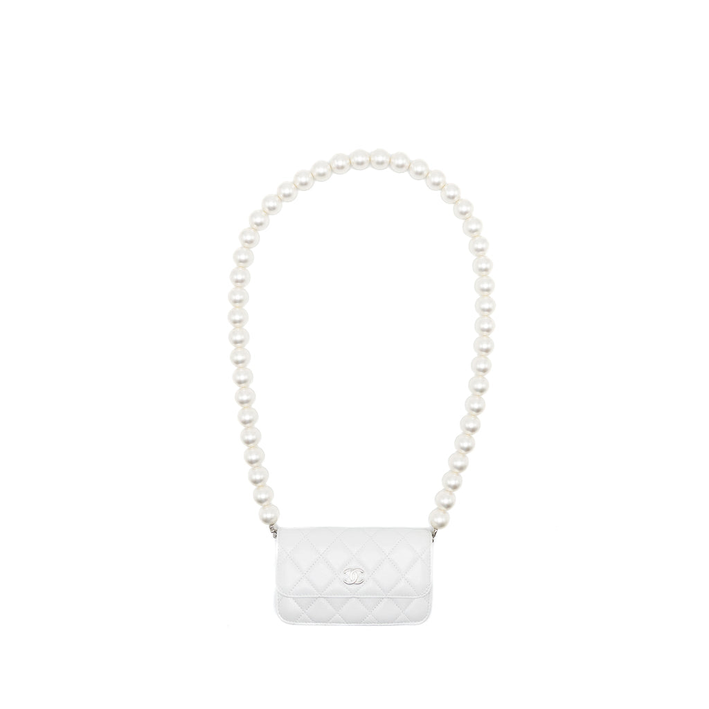 CHANEL GIANT PEARL CHAIN MINI FLAP BAG LAMBSKIN WHITE SHW