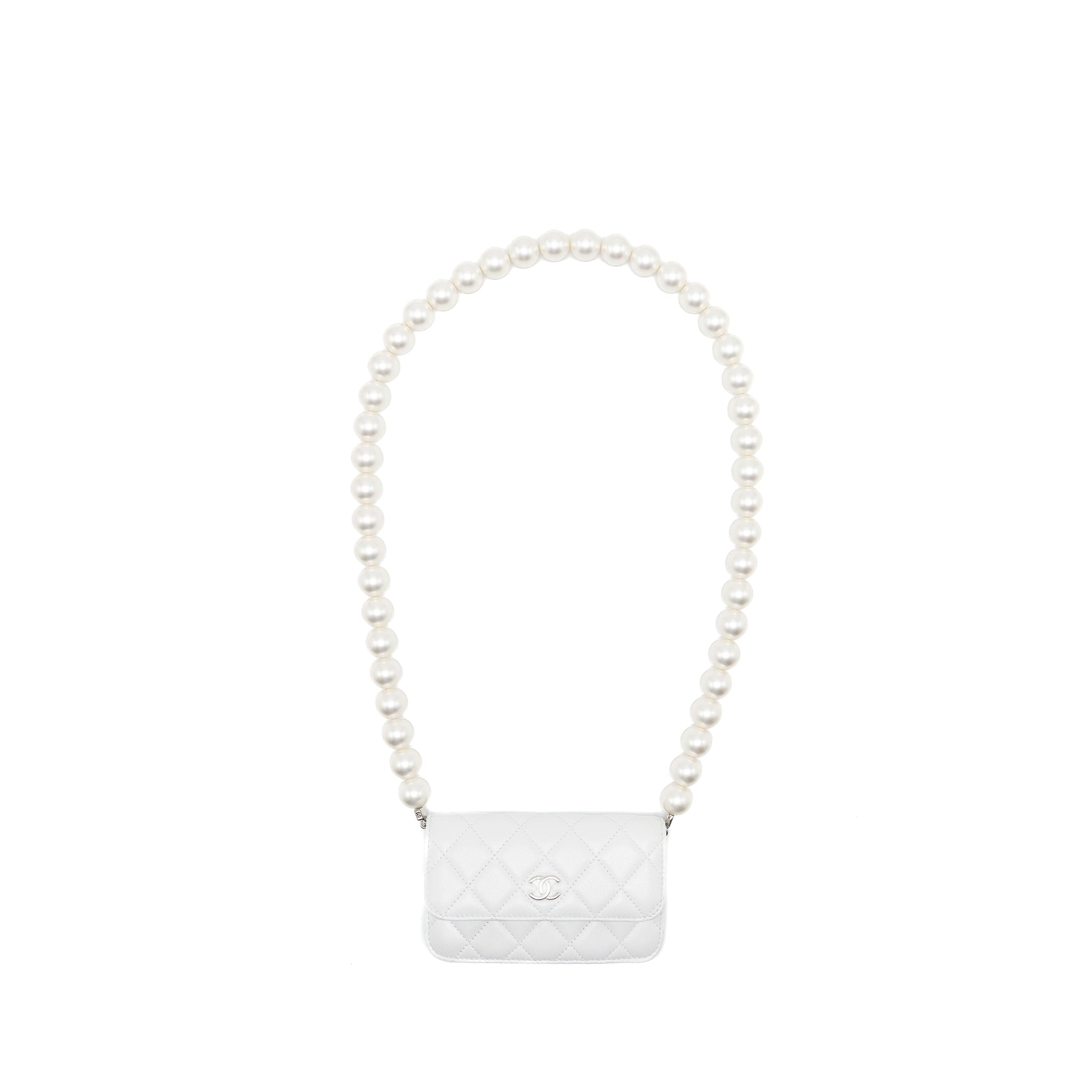 CHANEL GIANT PEARL CHAIN MINI FLAP BAG LAMBSKIN WHITE SHW