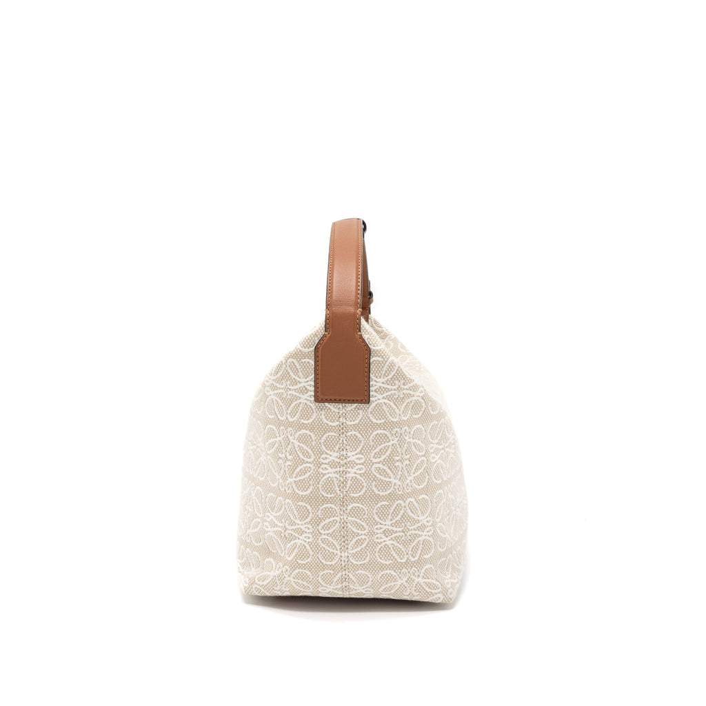 LOEWE MEDIUM CUBI ANAGRAM BAG TRIMMED LEATHER/JACQUARD CANVAS BEIGE/BROWN GHW