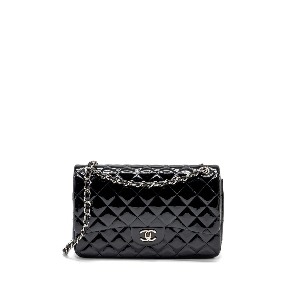 CHANEL JUMBO CLASSIC DOUBLE FLAP BAG PATENT BLACK SHW