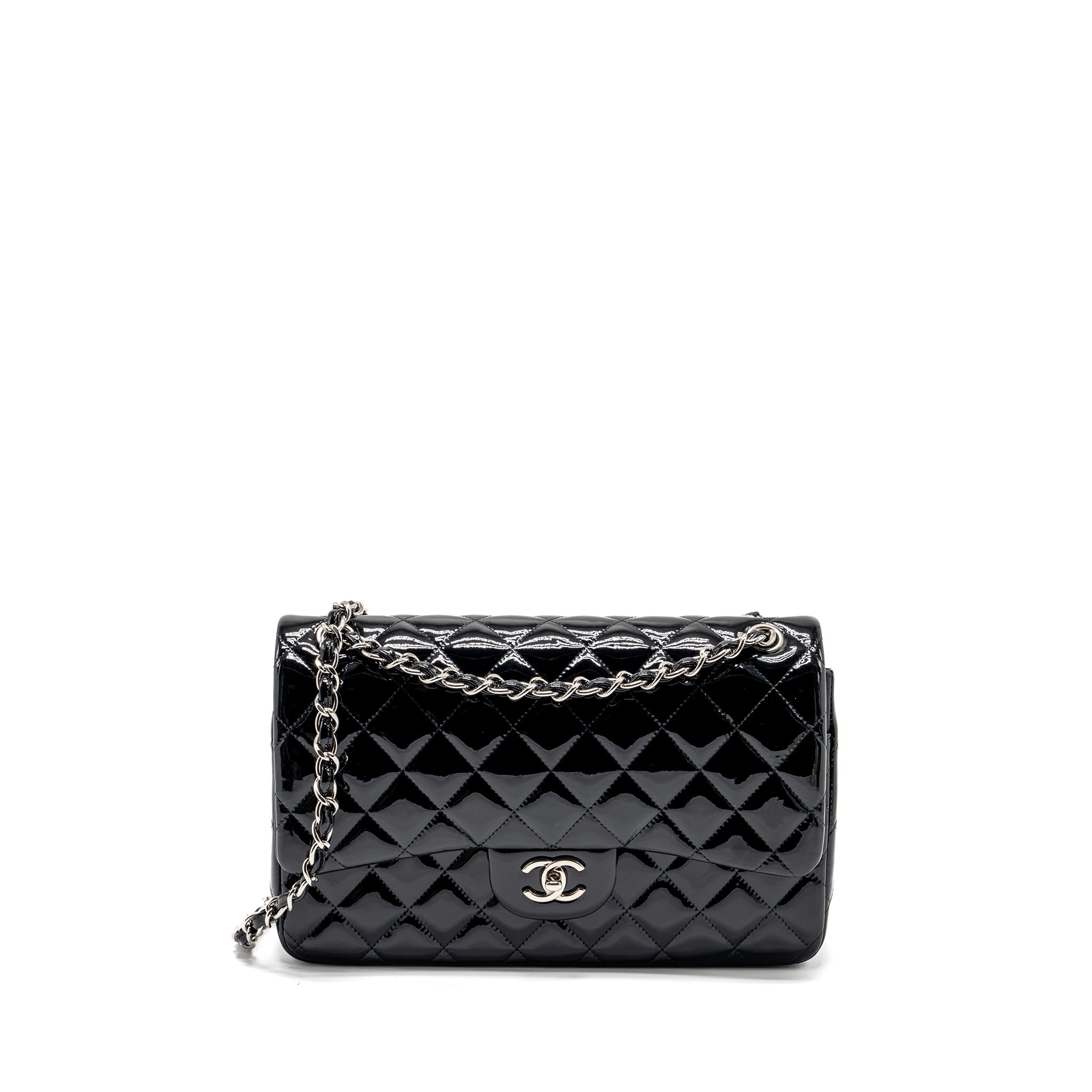 CHANEL JUMBO CLASSIC DOUBLE FLAP BAG PATENT BLACK SHW