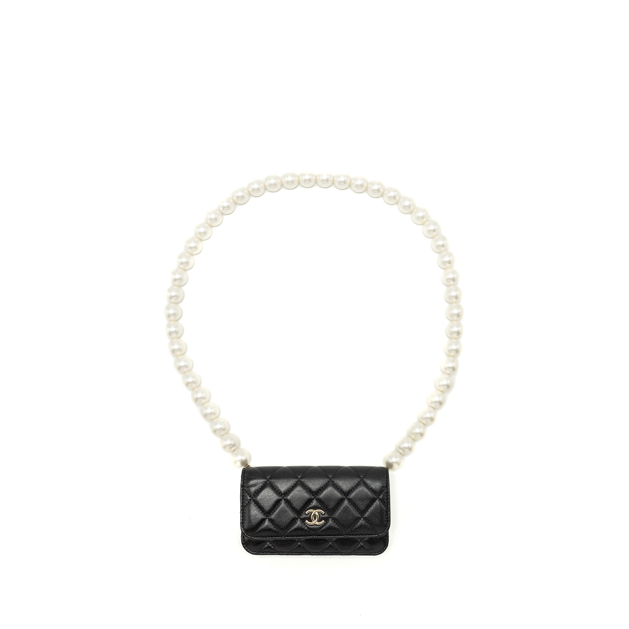 CHANEL CC LOGO CLUTCH WITH GIANT PEARL CHAIN LAMBSKIN BLACK LGHW