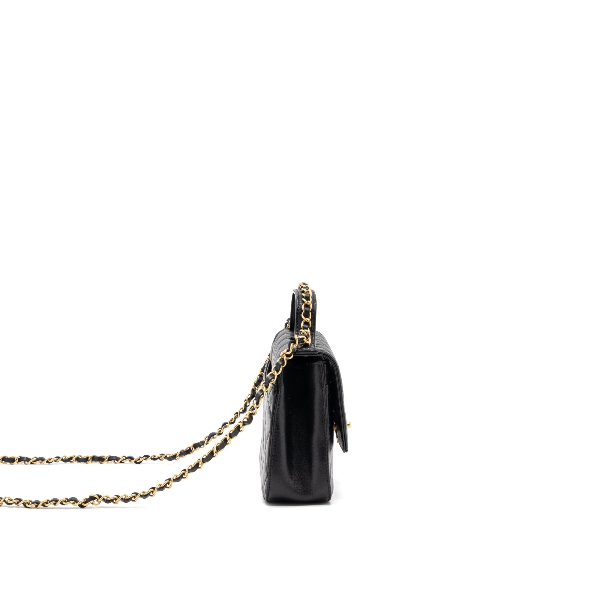 CHANEL TOP HANDLE FLAP BAG DETAILED LOGO GOATSKIN BLACK GHW
