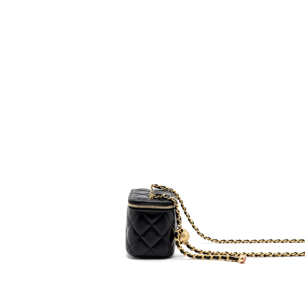 CHANEL PEARL CRUSH MINI VANITY WITH CHAIN LAMBSKIN BLACK BRUSHED GHW (MICROCHIP)