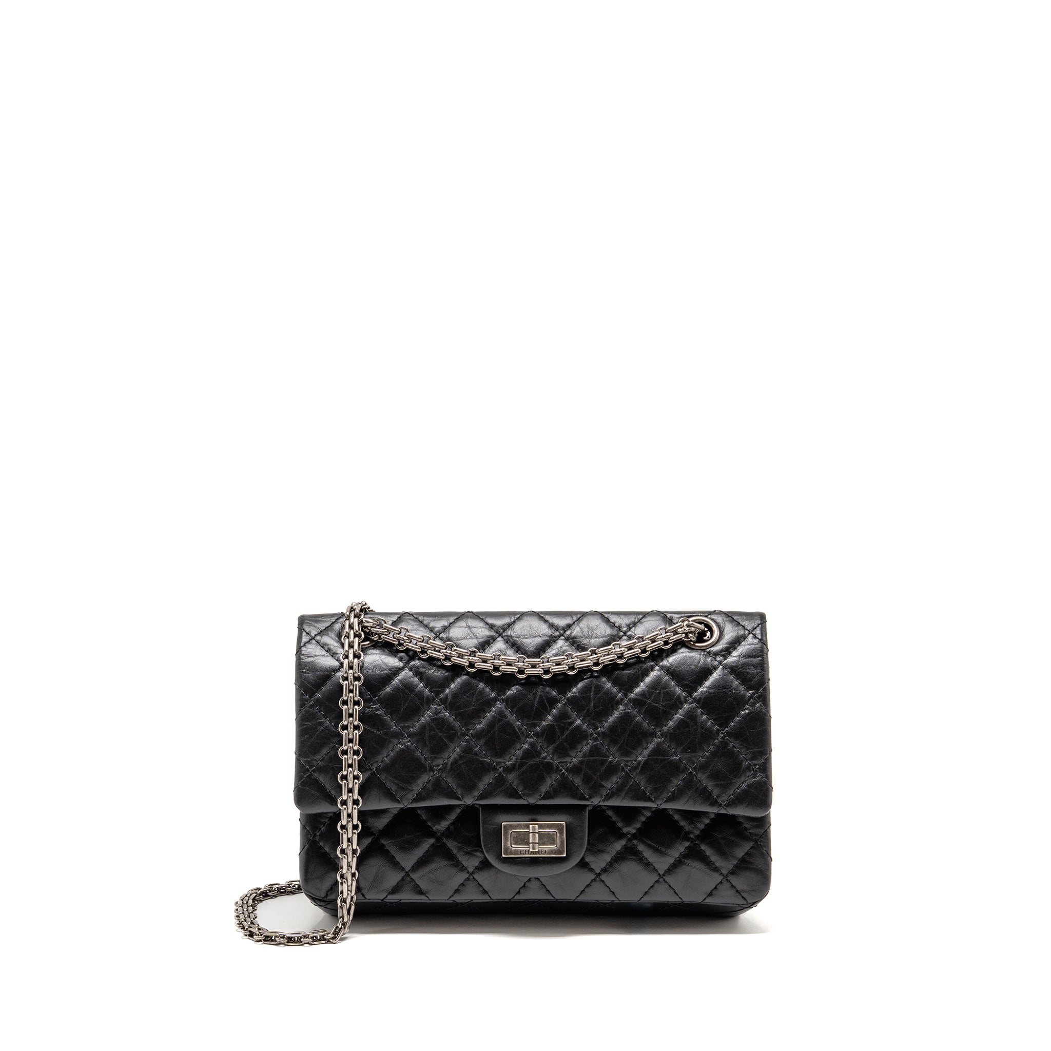CHANEL SMALL 2.55 REISSUE FLAP BAG AGED CALFSKIN BLACK RUTHENIUM SILVER HARDWARE