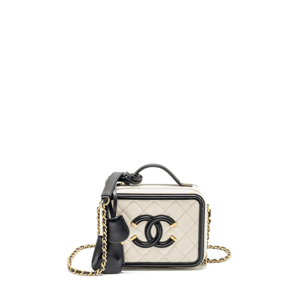 CHANEL CC FILIGREE VANITY CASE CAVIAR WHITE/BLACK GHW