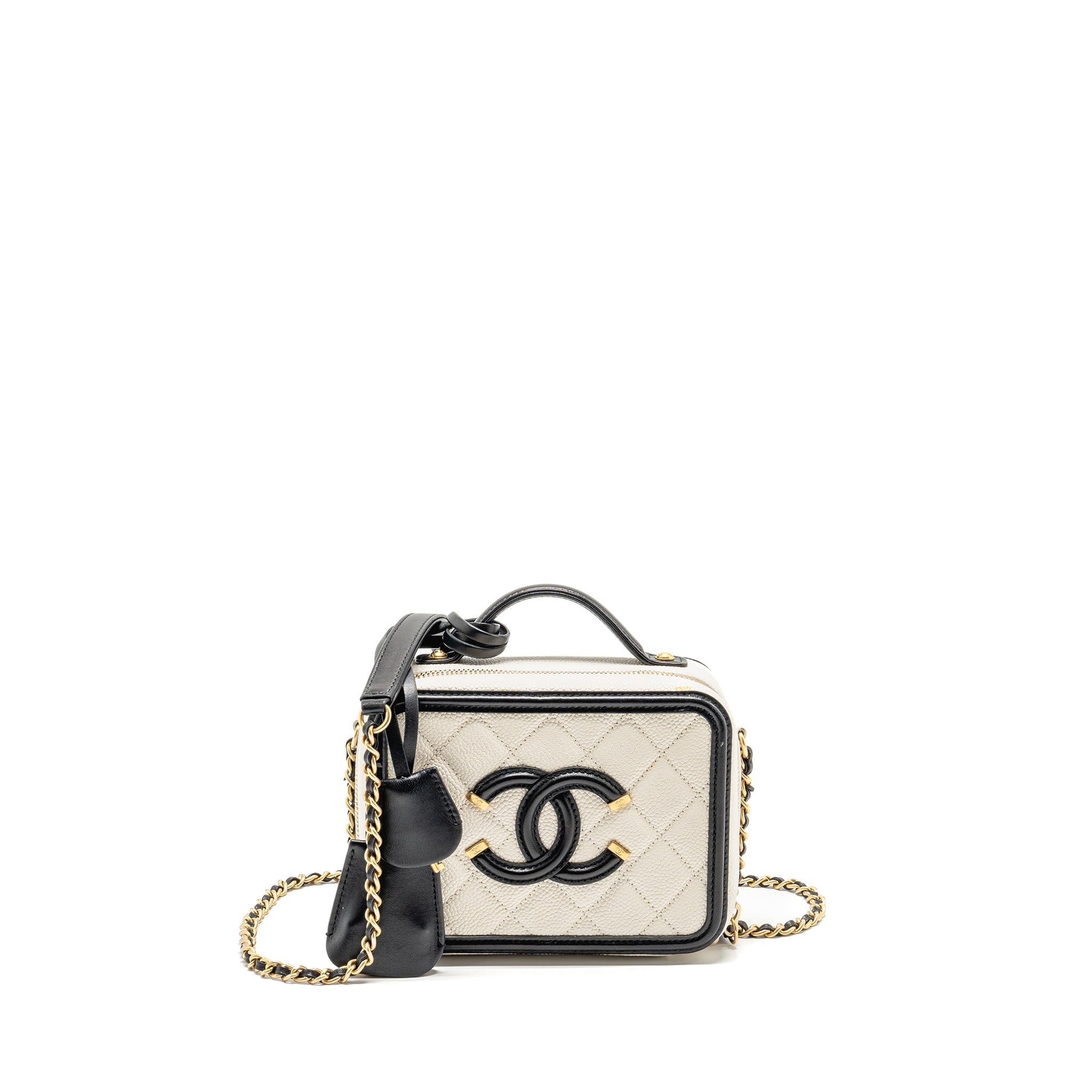 CHANEL CC FILIGREE VANITY CASE CAVIAR WHITE/BLACK GHW
