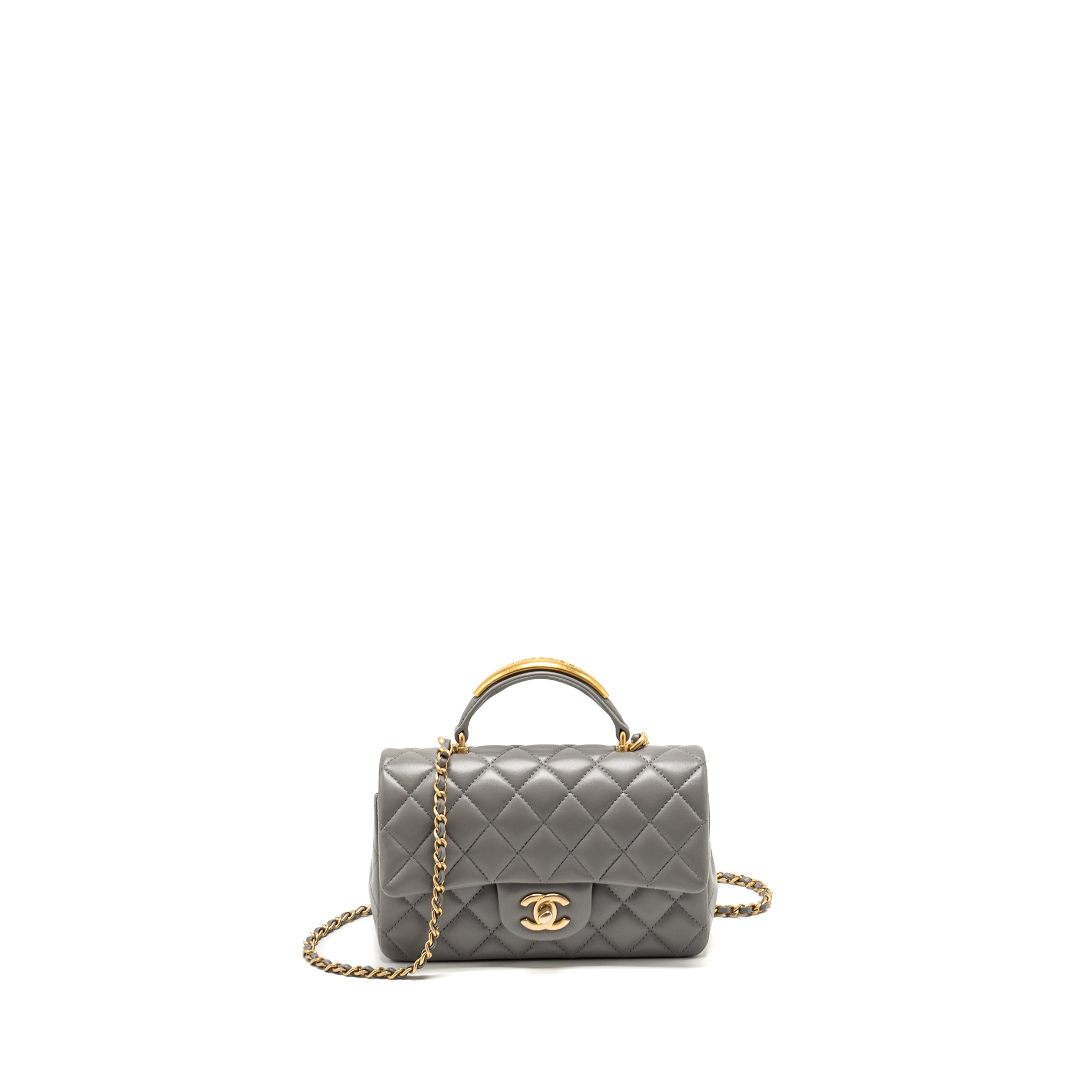 CHANEL 22K METAL TOP HANDLE MINI RECTANGULAR FLAP BAG LAMBSKIN GREY GHW (MICROCHIP)