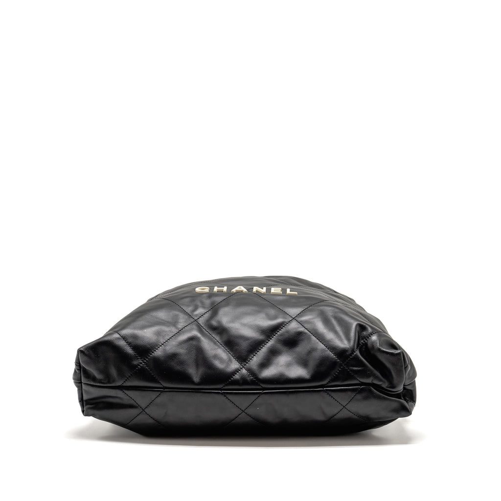 CHANEL 22 BACKPACK WHITE LETTER LOGO SHINY CALFSKIN BLACK GHW (MICROCHIP)