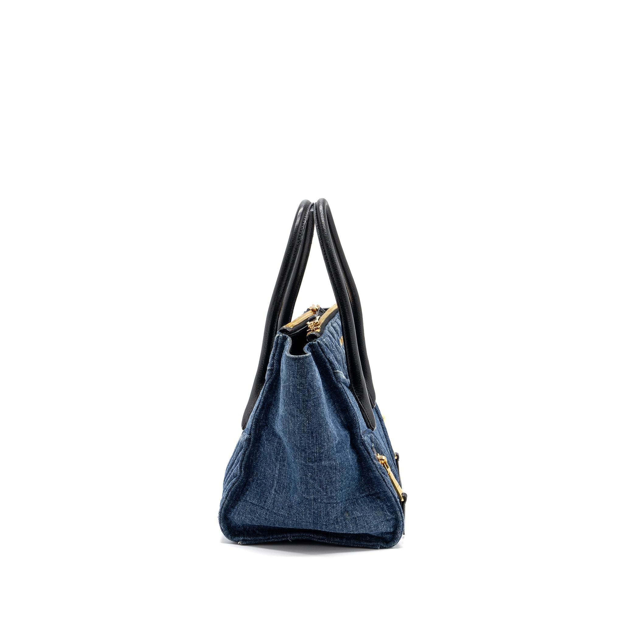 MIUMIU SMALL BIKER TOP HANDLE SATCHEL DENIM NAVY BLUE GHW