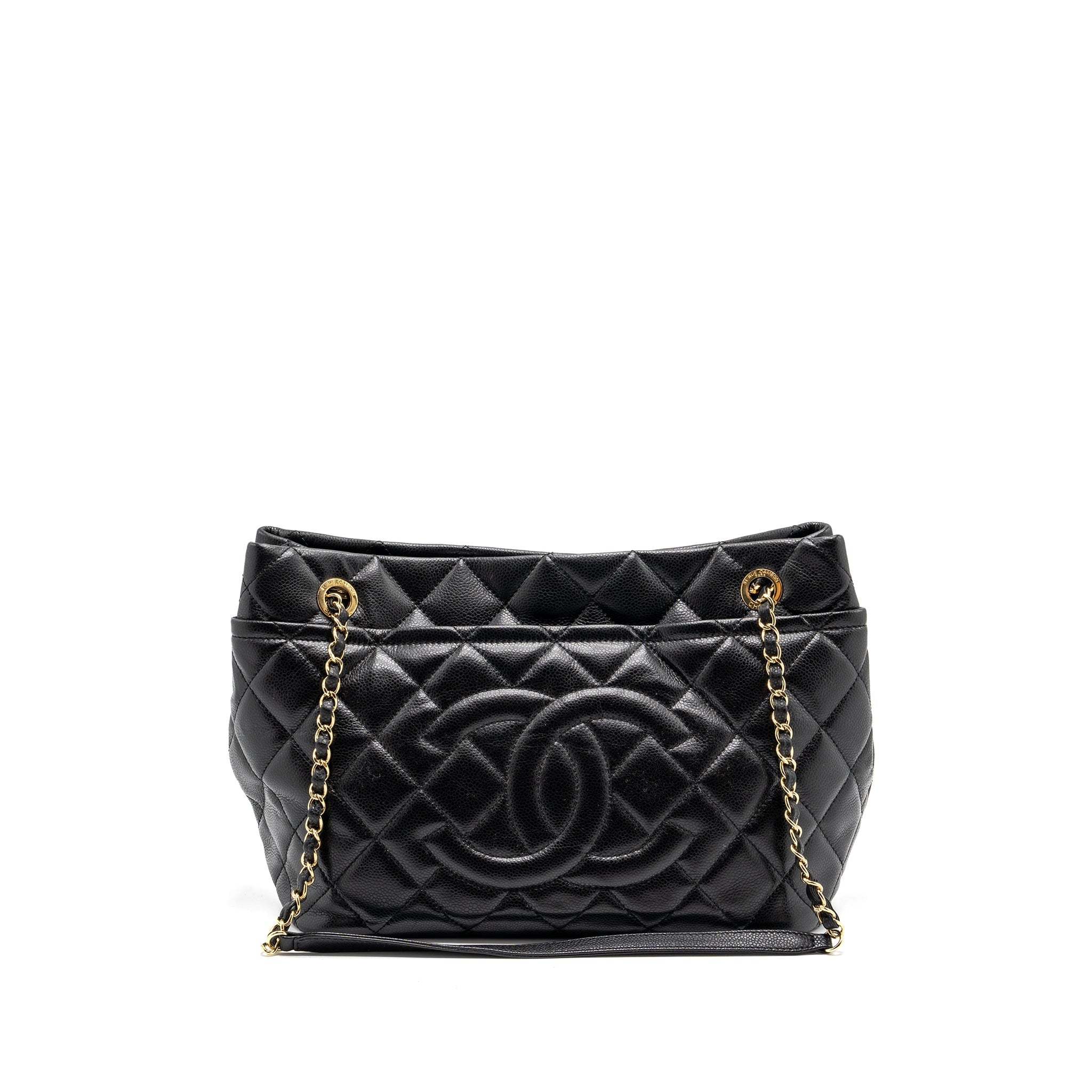 CHANEL QUILTED SHOULDER SHOPPING TOTE BAG CAVIAR BLACK GHW
