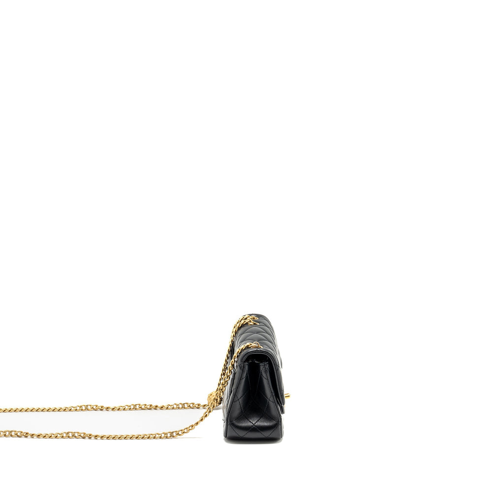 CHANEL CAMELLIA ADJUSTABLE CHAIN MINI SQUARE FLAP BAG LAMBSKIN BLACK GHW (MICROCHIP)