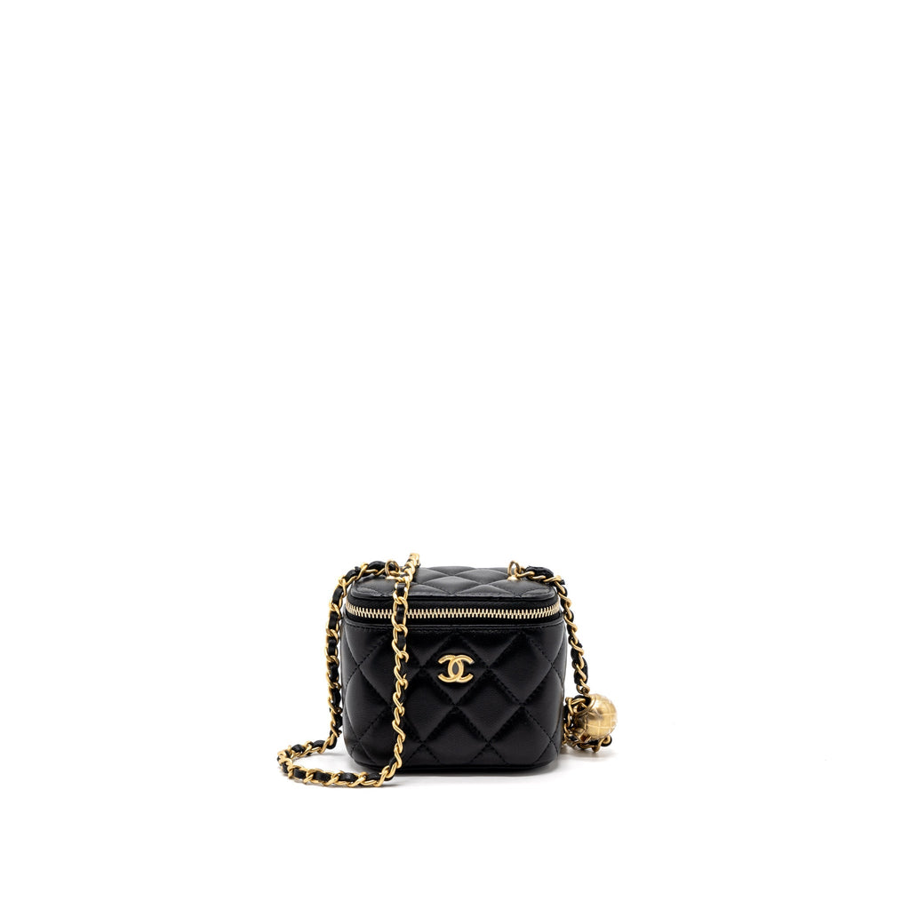 CHANEL PEARL CRUSH MINI VANITY WITH CHAIN LAMBSKIN BLACK BRUSHED GHW (MICROCHIP)