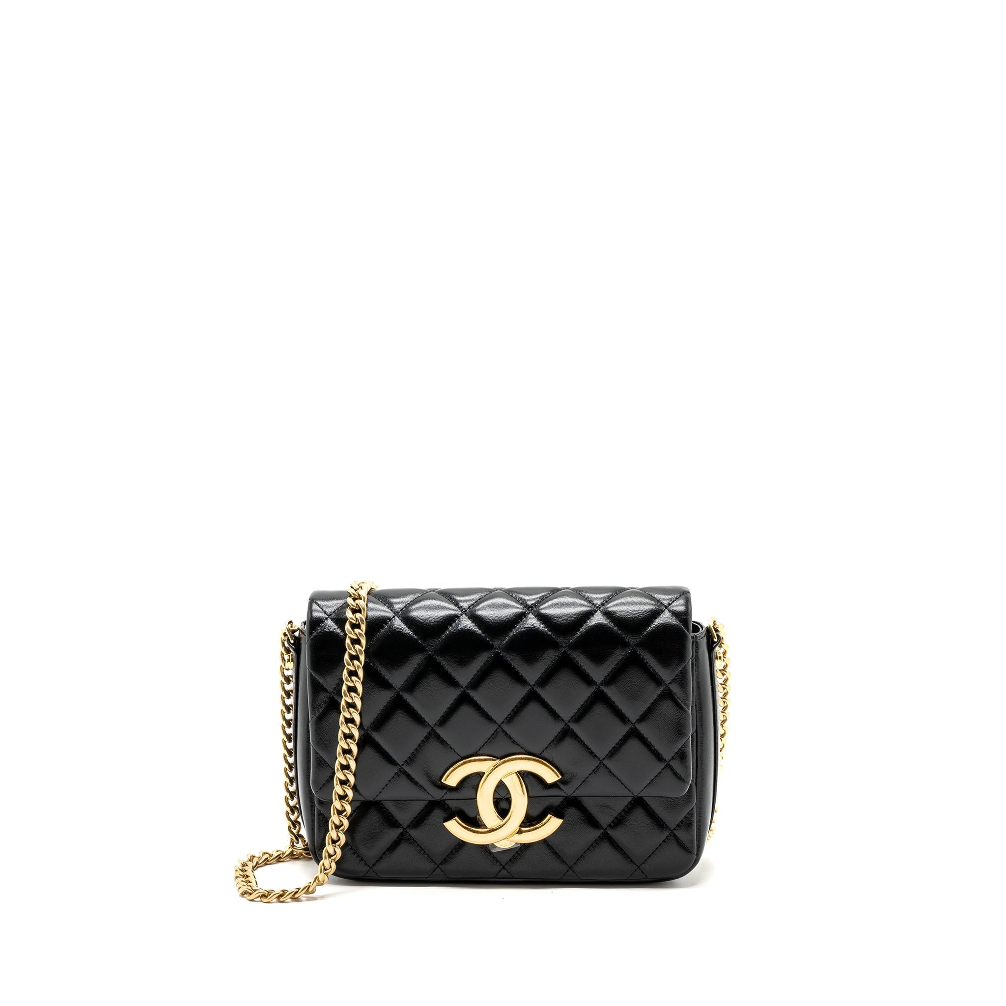 CHANEL GIANT CC LOGO FLAP BAG LAMBSKIN BLACK GHW(MICROCHIP)