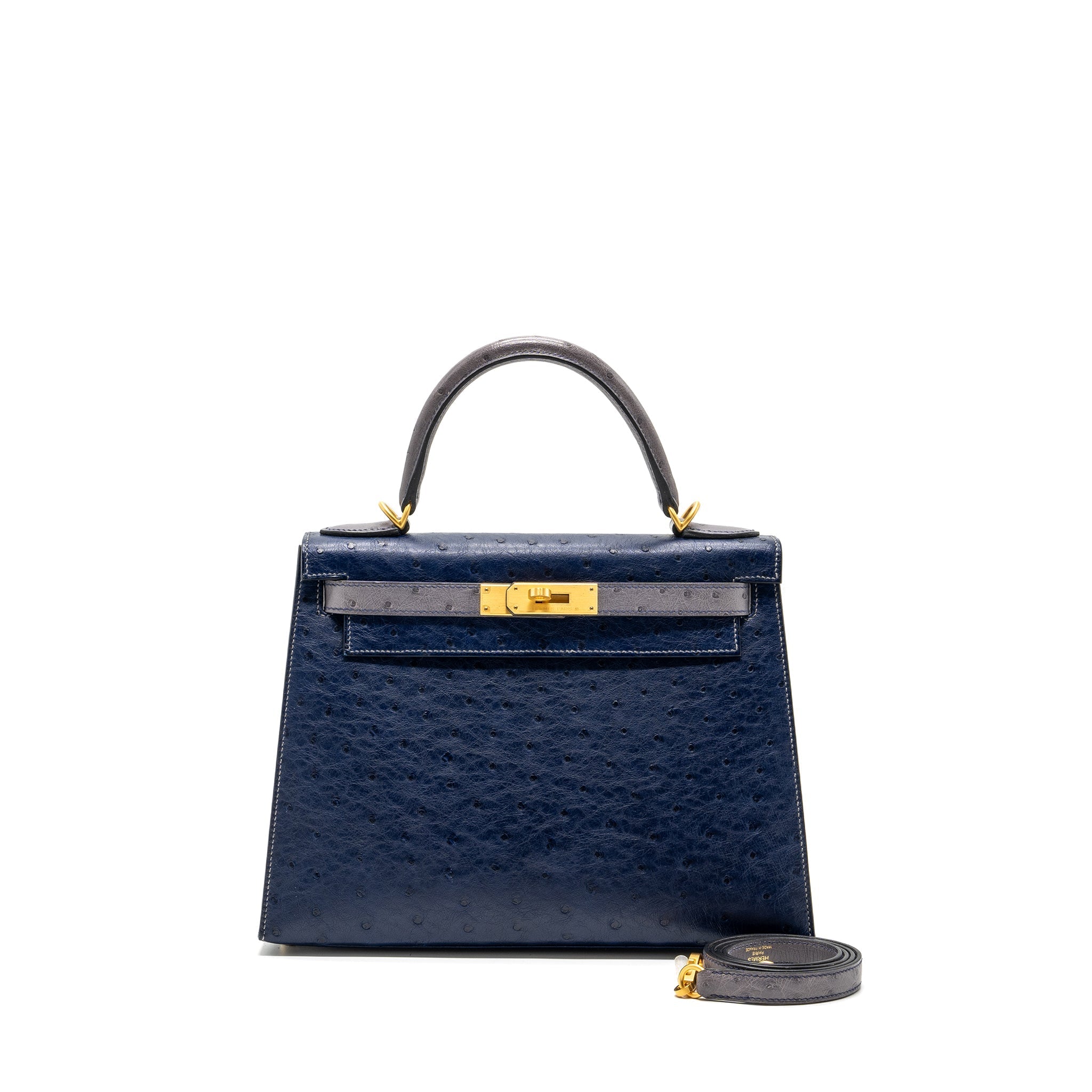 HERMES KELLY 28 OSTRICH BLUE IRIS/ GRIS AGATE GHW