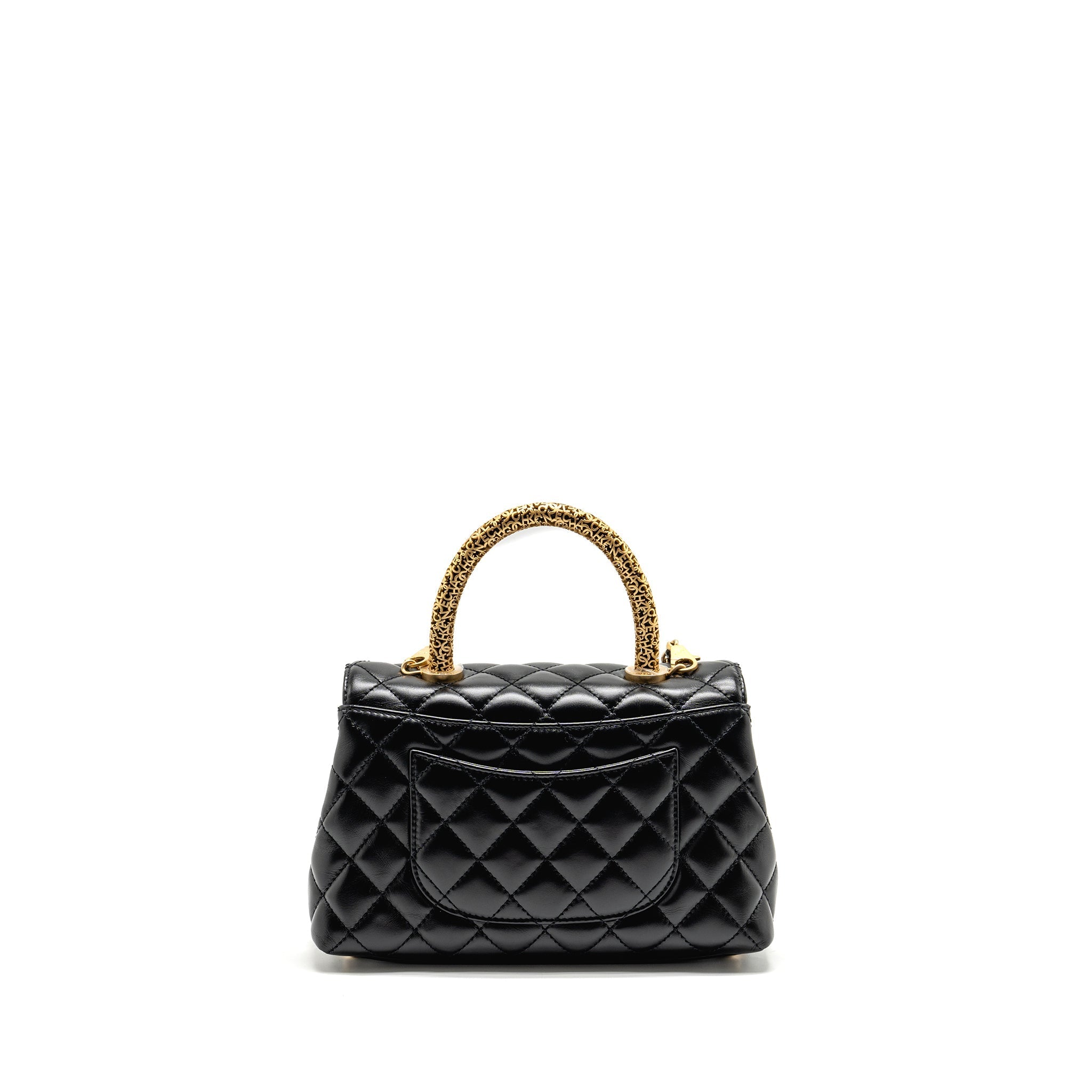 CHANEL DETAILED METAL HANDLE SMALL COCO HANDLE FLAP BAG CALFSKIN BLACK GHW (MICROCHIP)