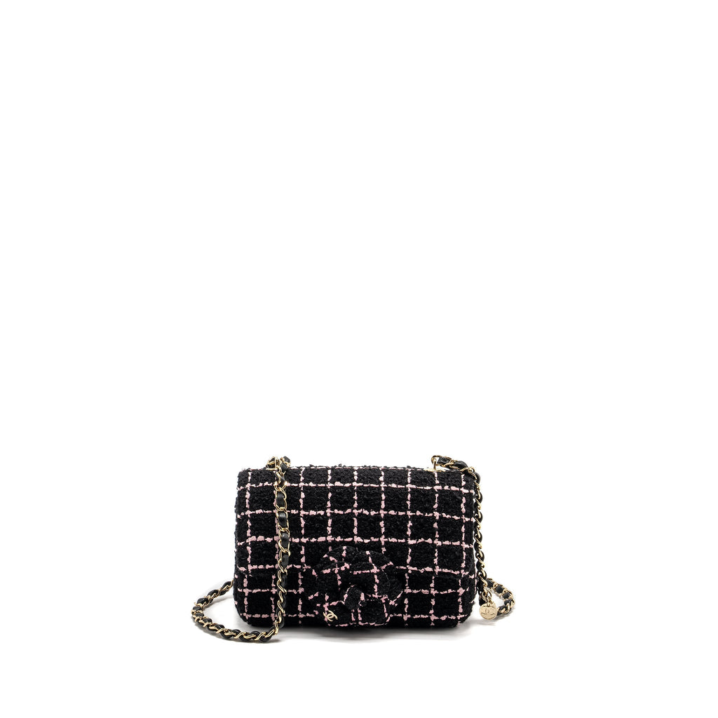 CHANEL 23K FLOWER BOMB MINI RECTANGULAR FLAP BAG TWEED BLACK / PINK LGHW (MICROCHIP)
