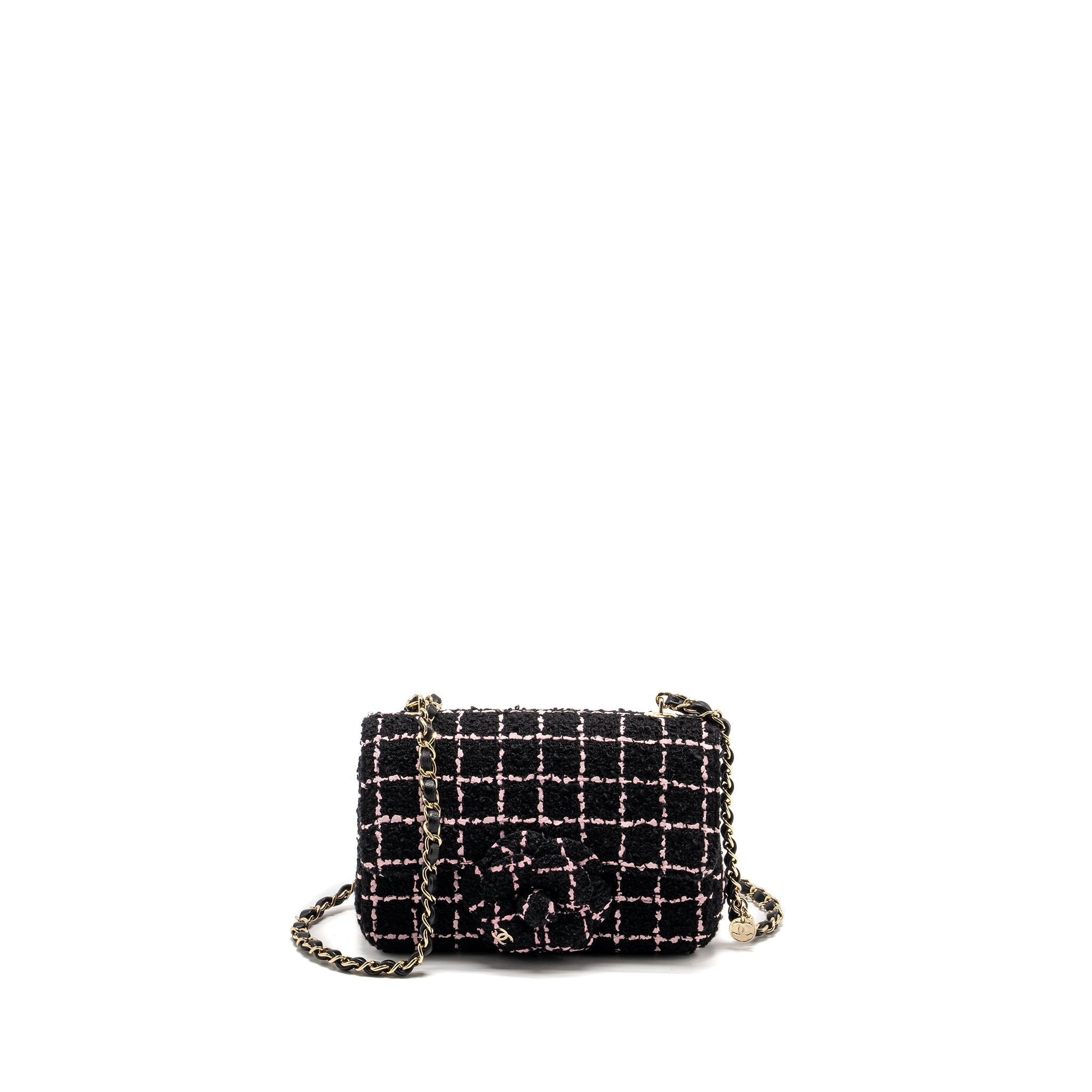 CHANEL 23K FLOWER BOMB MINI RECTANGULAR FLAP BAG TWEED BLACK / PINK LGHW (MICROCHIP)
