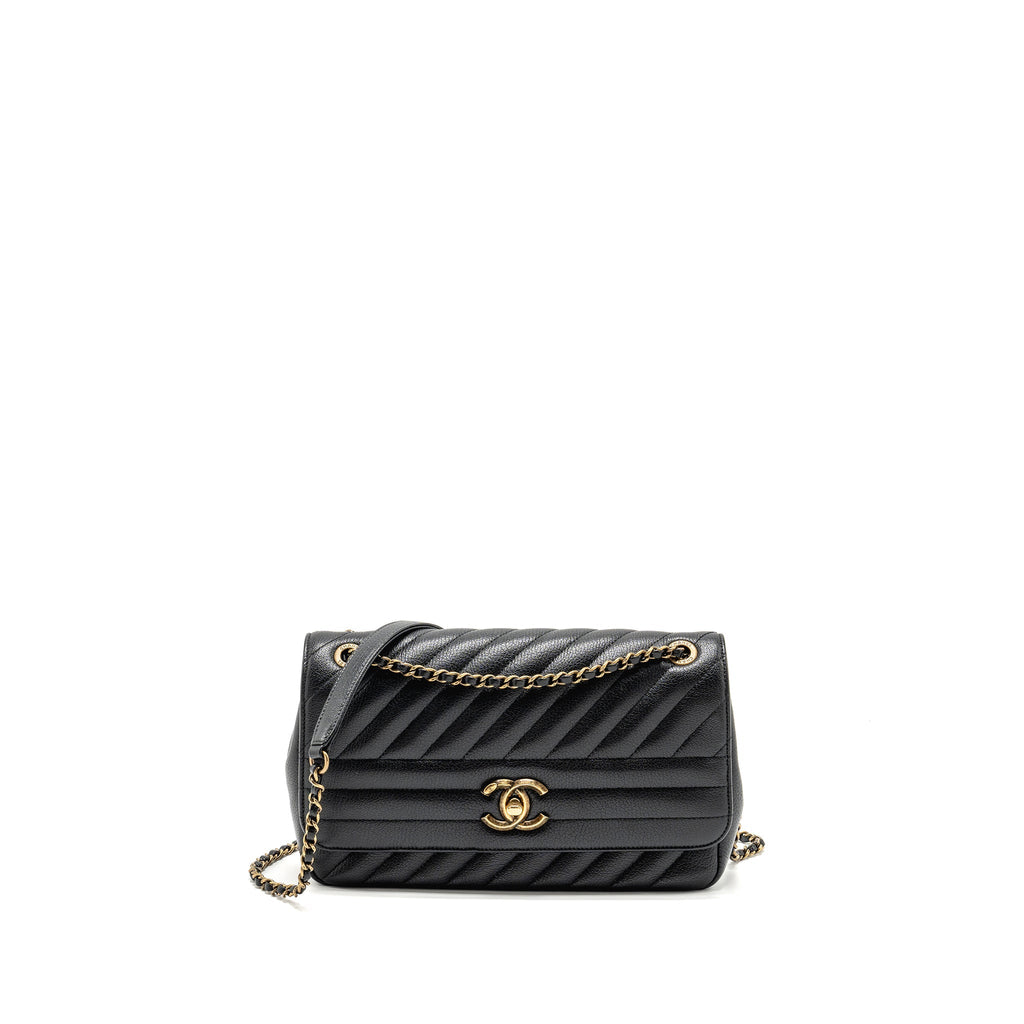 CHANEL SMALL DIAGNOAL FLAP BAG SHINY GOATSKIN BLACK GHW
