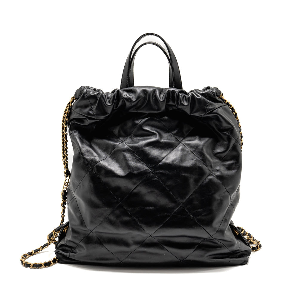 CHANEL 22 BACKPACK WHITE LETTER LOGO SHINY CALFSKIN BLACK GHW (MICROCHIP)