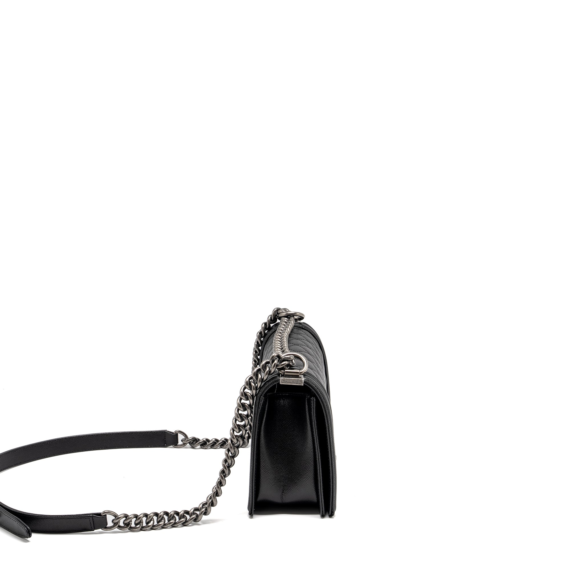 CHANEL MEDIUM BOY BAG CAVIAR BLACK RUTHENIUM HARDWARE (MICROCHIP)