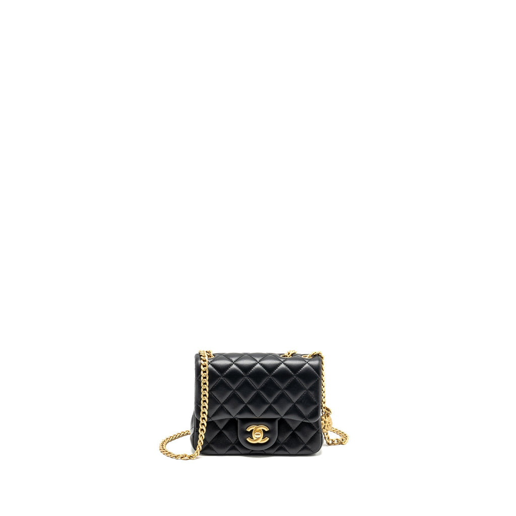 CHANEL CAMELLIA ADJUSTABLE CHAIN MINI SQUARE FLAP BAG LAMBSKIN BLACK GHW (MICROCHIP)