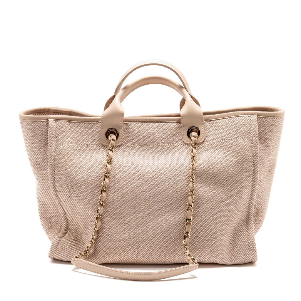 CHANEL LARGE DEAUVILLE TOTE SHOPPING BAG CANVAS/CALFSKIN LIGHT PINK LGHW