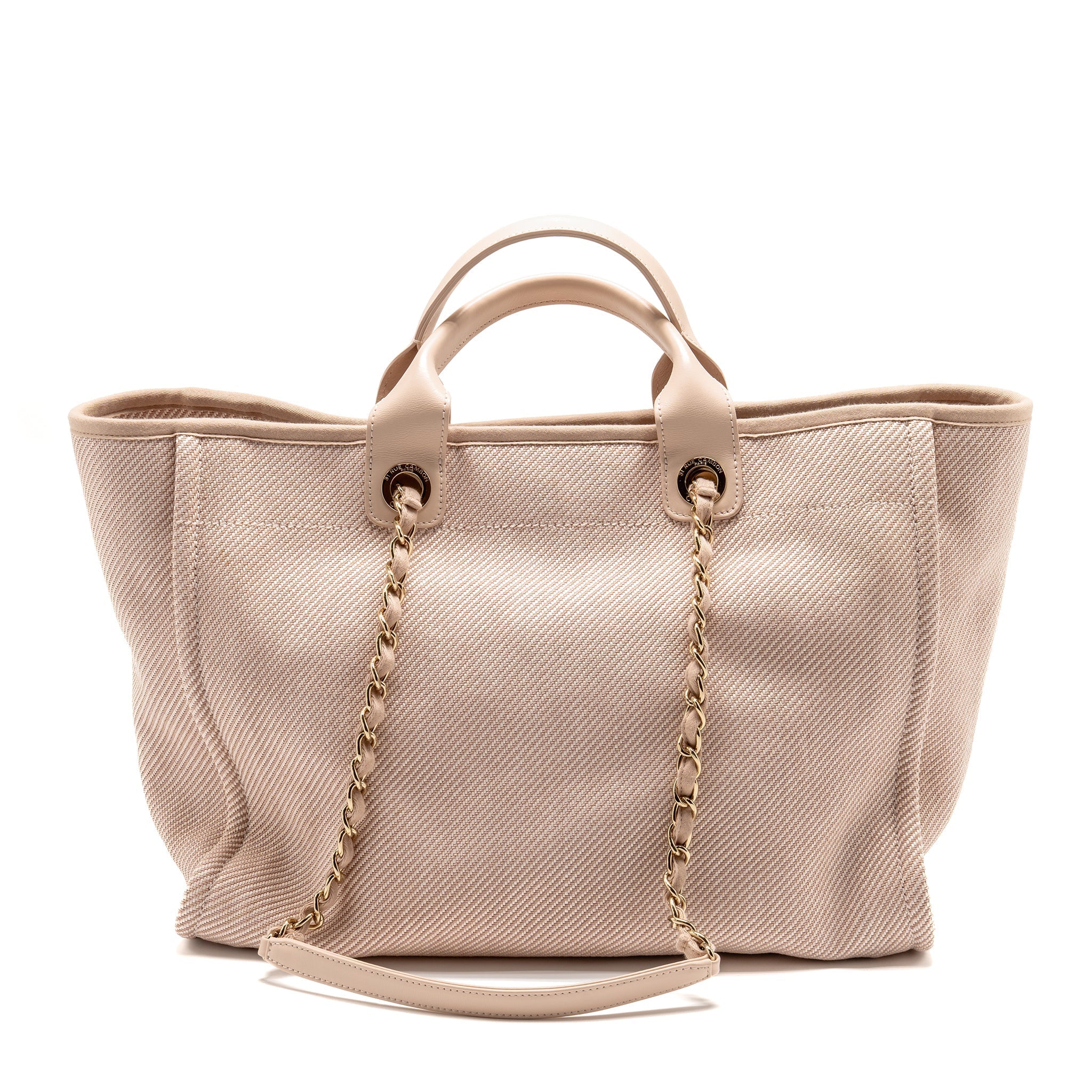 CHANEL LARGE DEAUVILLE TOTE SHOPPING BAG CANVAS/CALFSKIN LIGHT PINK LGHW