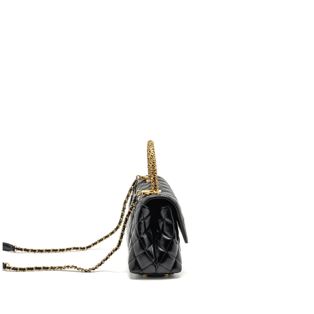 CHANEL DETAILED METAL HANDLE SMALL COCO HANDLE FLAP BAG CALFSKIN BLACK GHW (MICROCHIP)