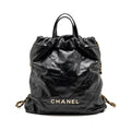 CHANEL 22 BACKPACK WHITE LETTER LOGO SHINY CALFSKIN BLACK GHW (MICROCHIP)