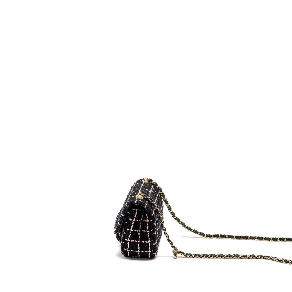 CHANEL 23K FLOWER BOMB MINI RECTANGULAR FLAP BAG TWEED BLACK / PINK LGHW (MICROCHIP)