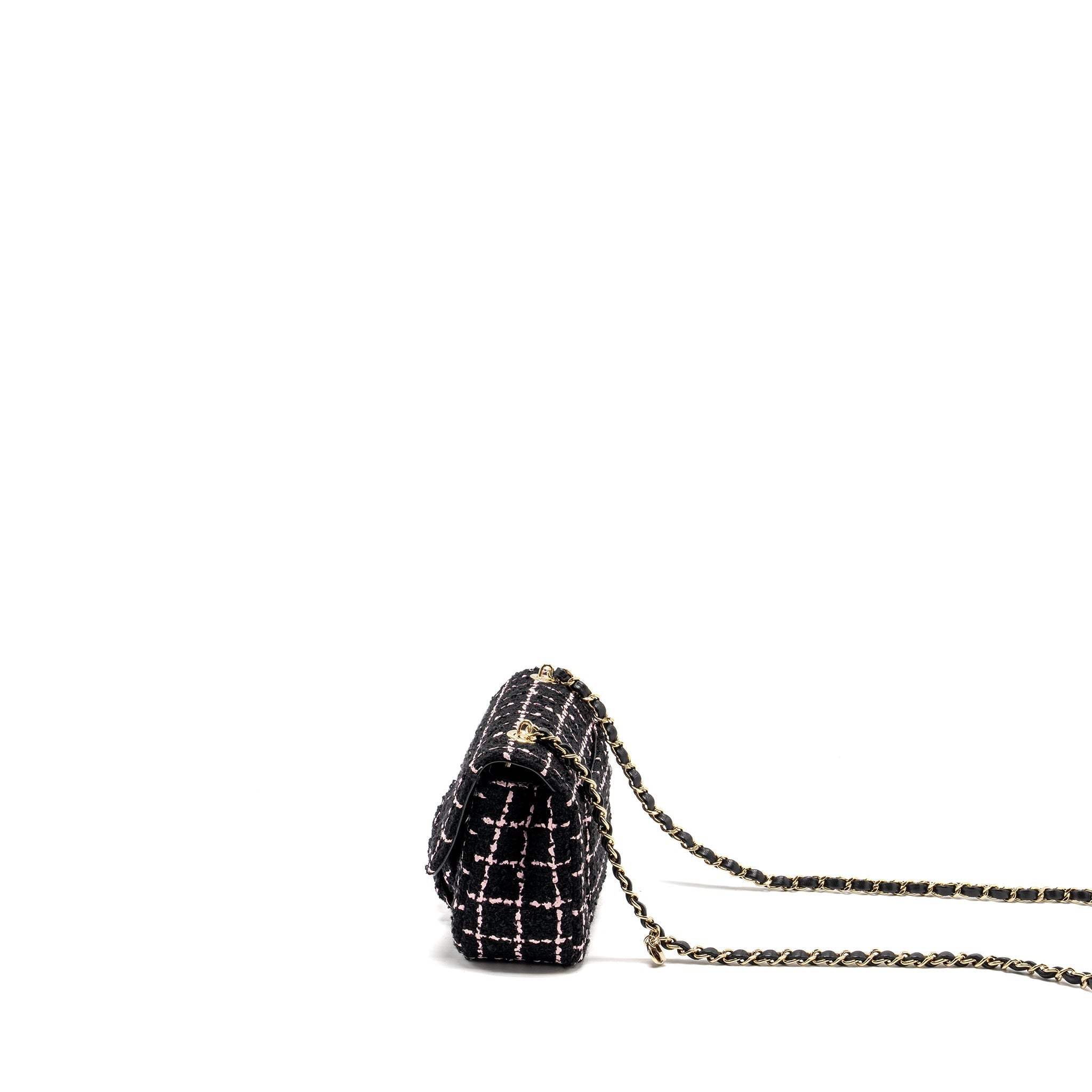CHANEL 23K FLOWER BOMB MINI RECTANGULAR FLAP BAG TWEED BLACK / PINK LGHW (MICROCHIP)