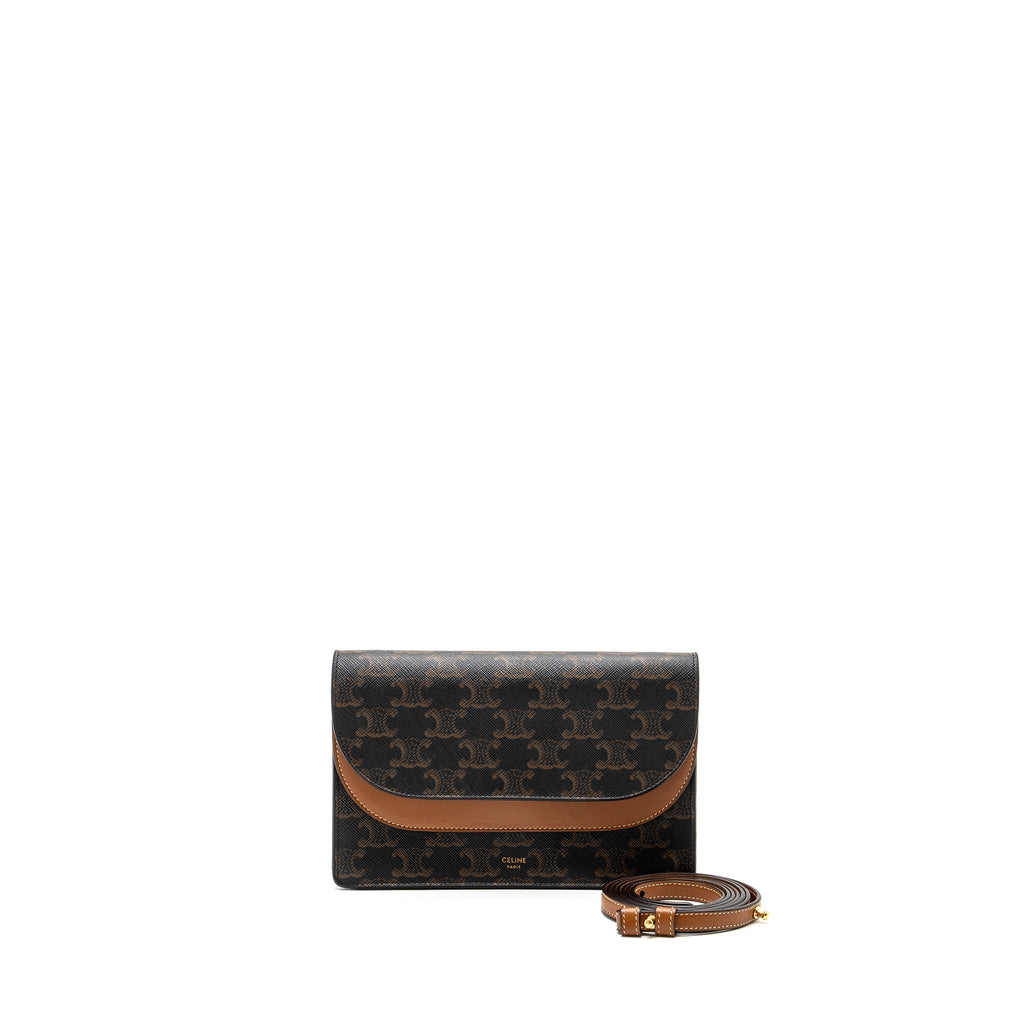 CELINE WALLET ON STRAP TRIOMPHE CANVAS / LAMBSKIN TAN GHW