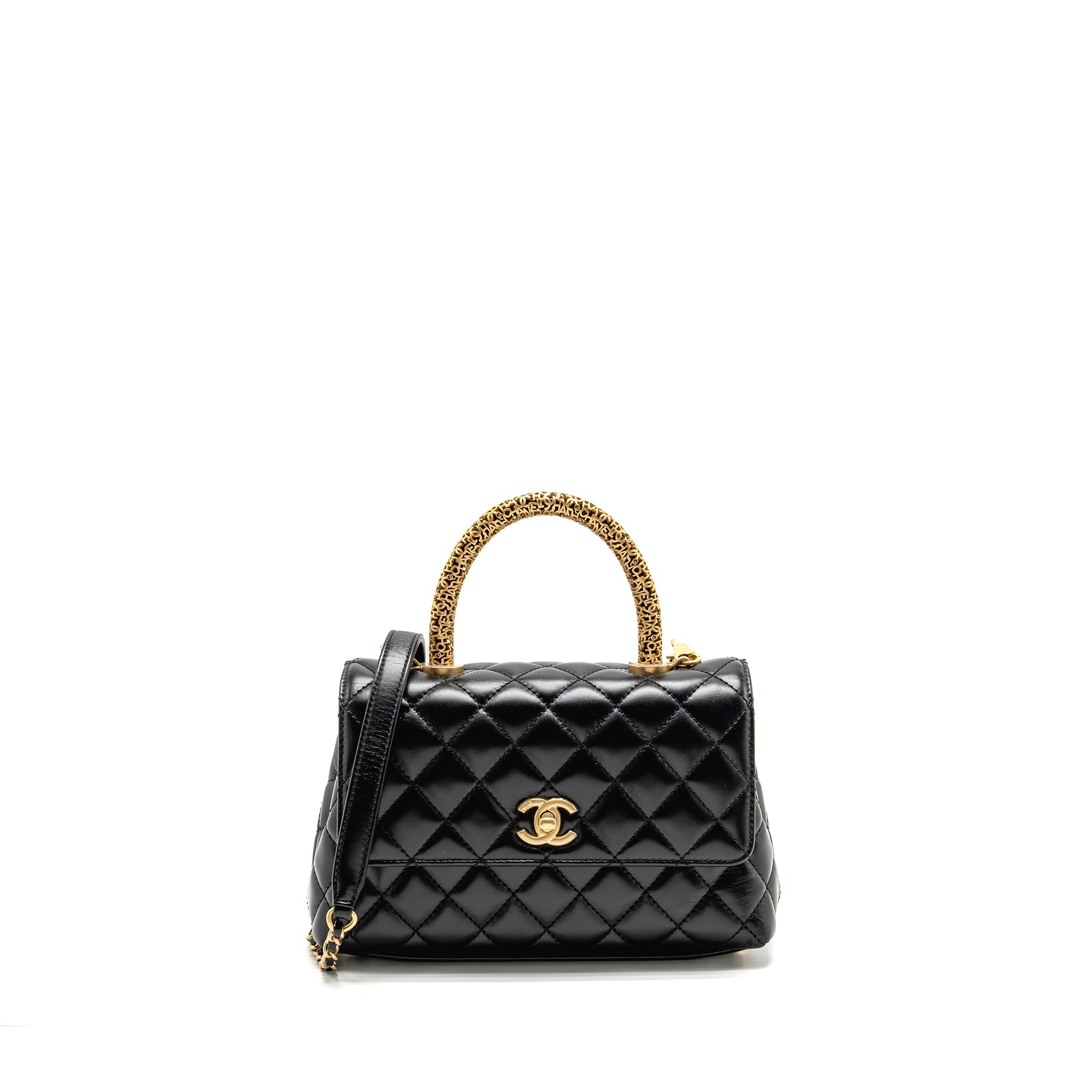 CHANEL DETAILED METAL HANDLE SMALL COCO HANDLE FLAP BAG CALFSKIN BLACK GHW (MICROCHIP)