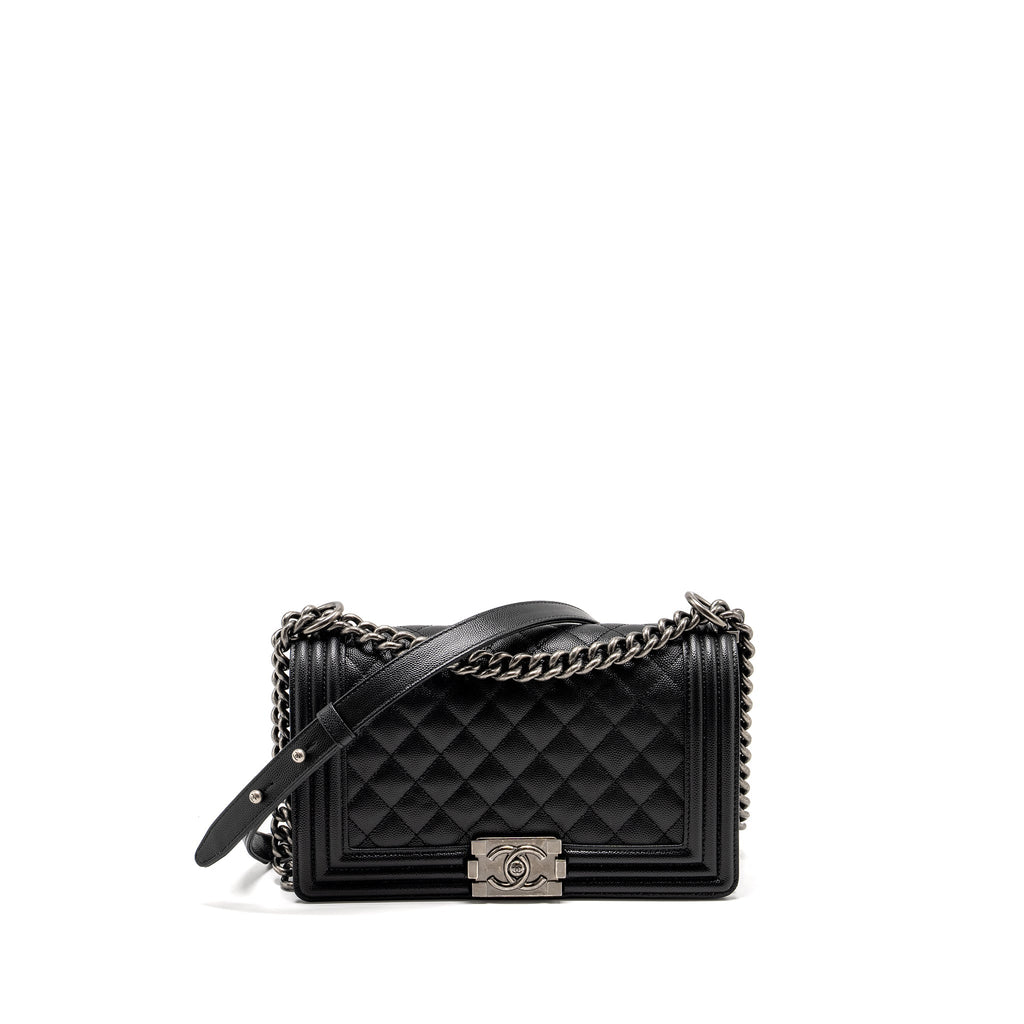CHANEL MEDIUM BOY BAG CAVIAR BLACK RUTHENIUM HARDWARE (MICROCHIP)