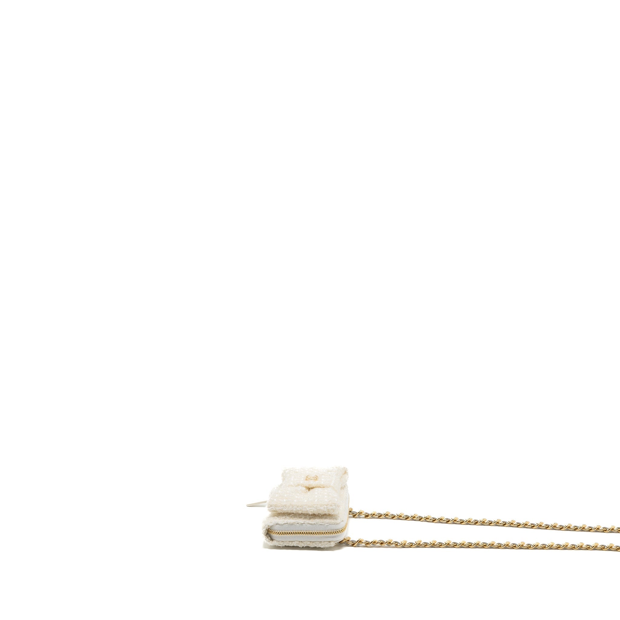 CHANEL MINI BOW CARD HOLDER WITH CHAIN TWEED WHITE LGHW(MICROCHIP)