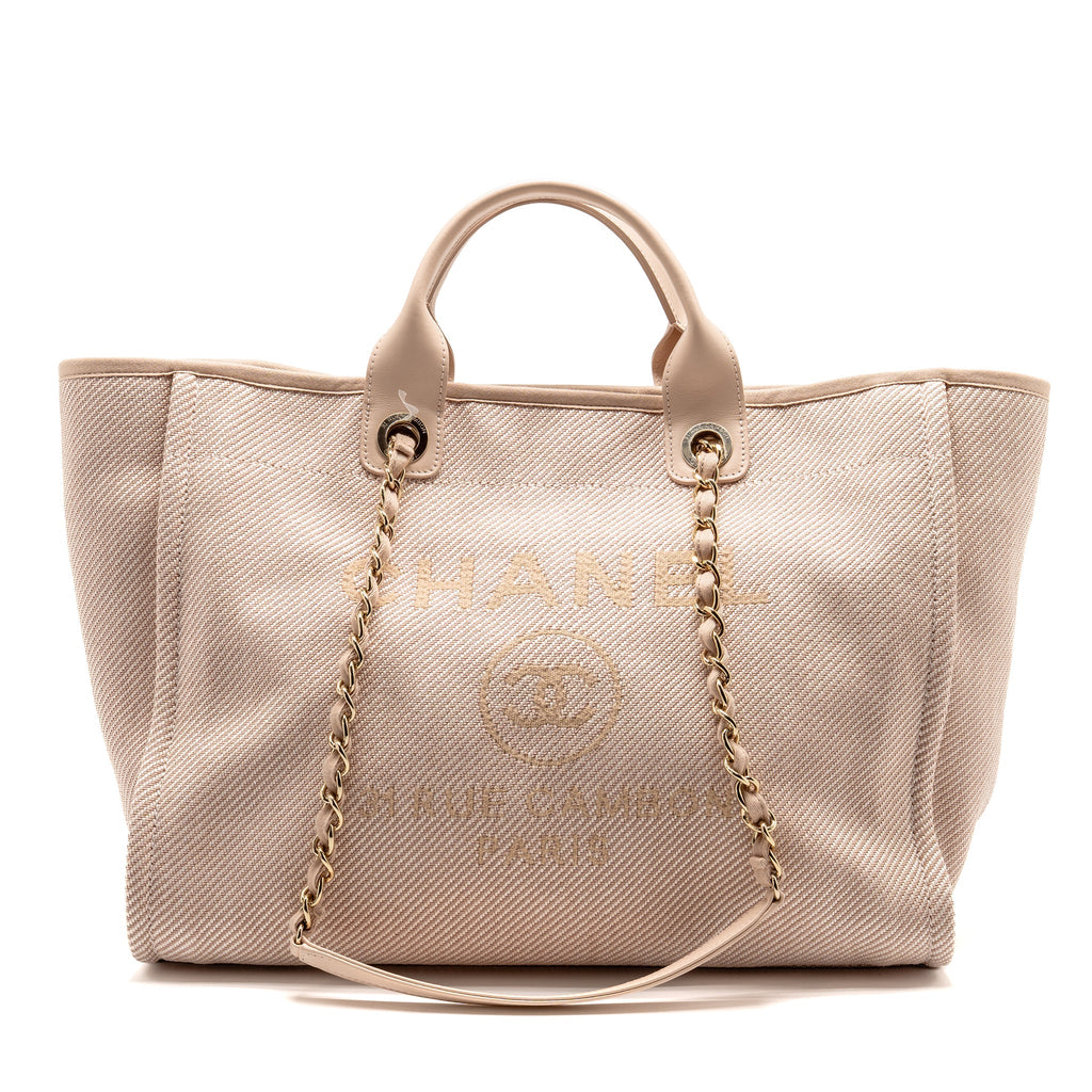 CHANEL LARGE DEAUVILLE TOTE SHOPPING BAG CANVAS/CALFSKIN LIGHT PINK LGHW