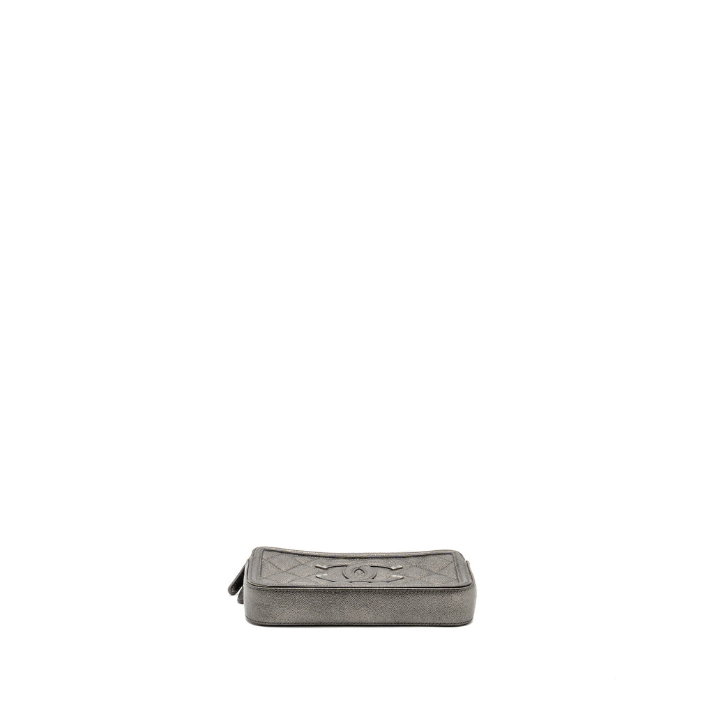 CHANEL CC FILIGREE DOUBLE ZIP CLUTCH WITH CHAIN CAVIAR GREY SHW