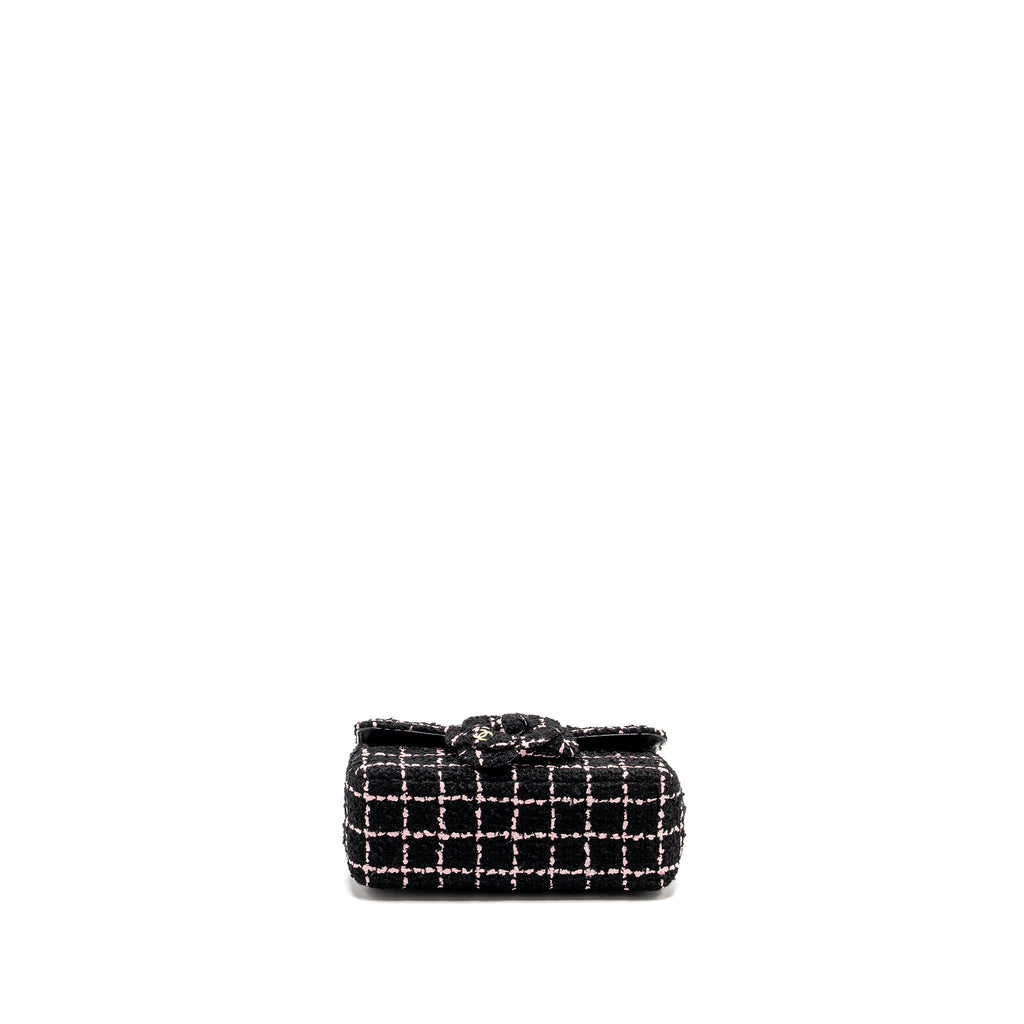 CHANEL 23K FLOWER BOMB MINI RECTANGULAR FLAP BAG TWEED BLACK / PINK LGHW (MICROCHIP)