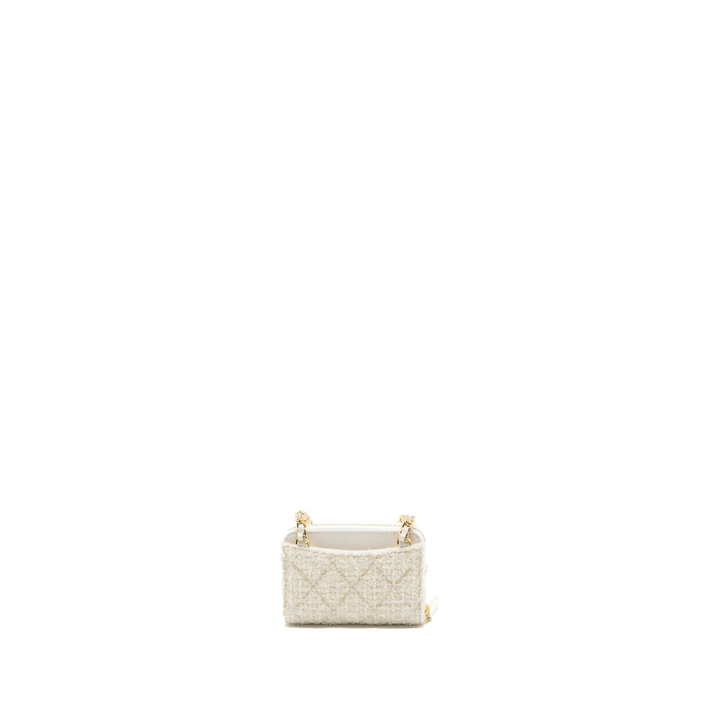 CHANEL MINI BOW CARD HOLDER WITH CHAIN TWEED WHITE LGHW(MICROCHIP)