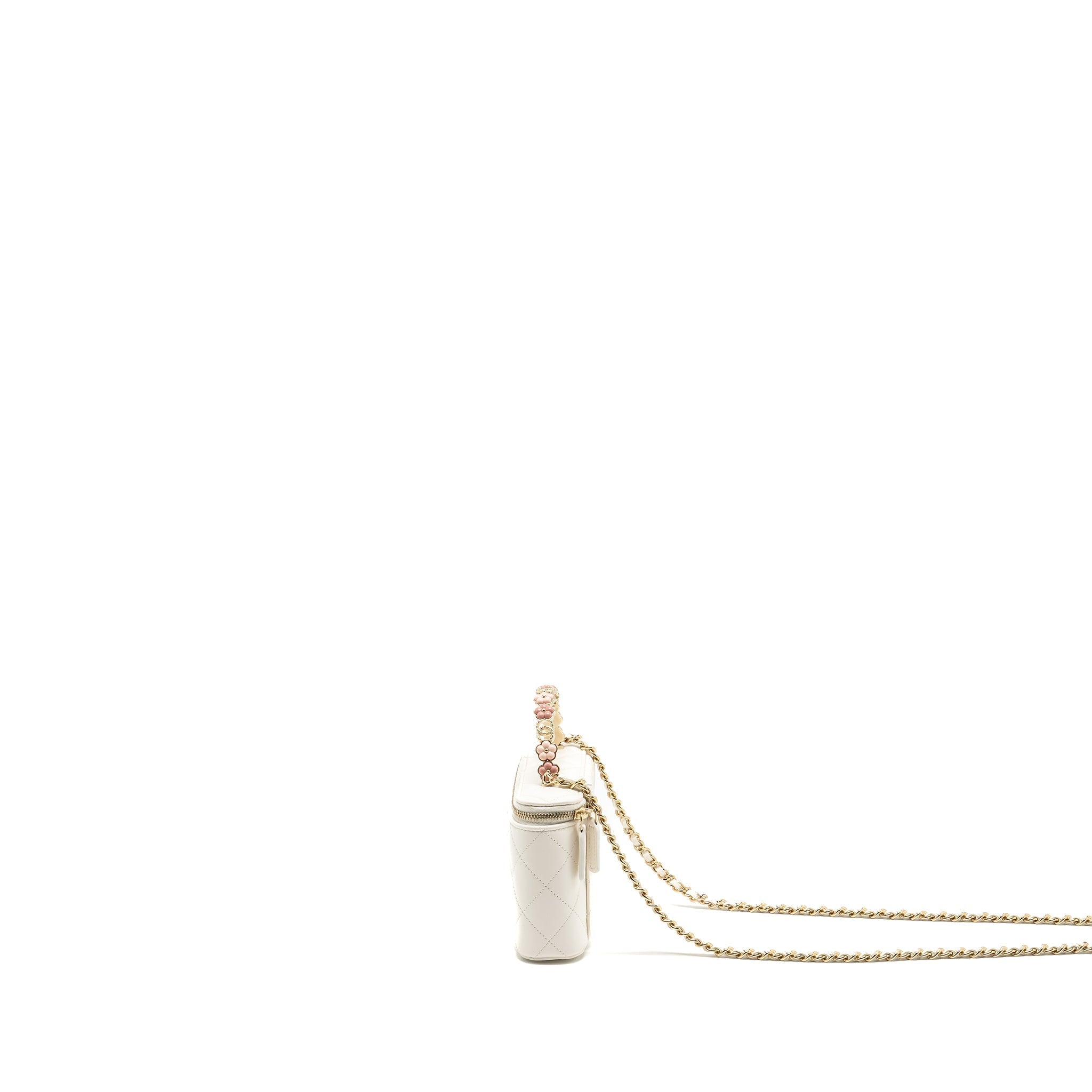 CHANEL 23K CAMELLIA TOP HANDLE LONG VANITY CASE WITH CHAIN CALFSKIN WHITE LGHW (MICROCHIP)
