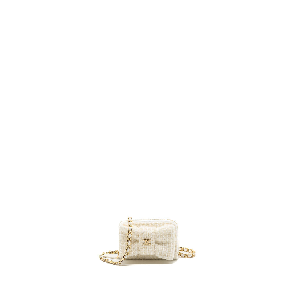 CHANEL MINI BOW CARD HOLDER WITH CHAIN TWEED WHITE LGHW(MICROCHIP)