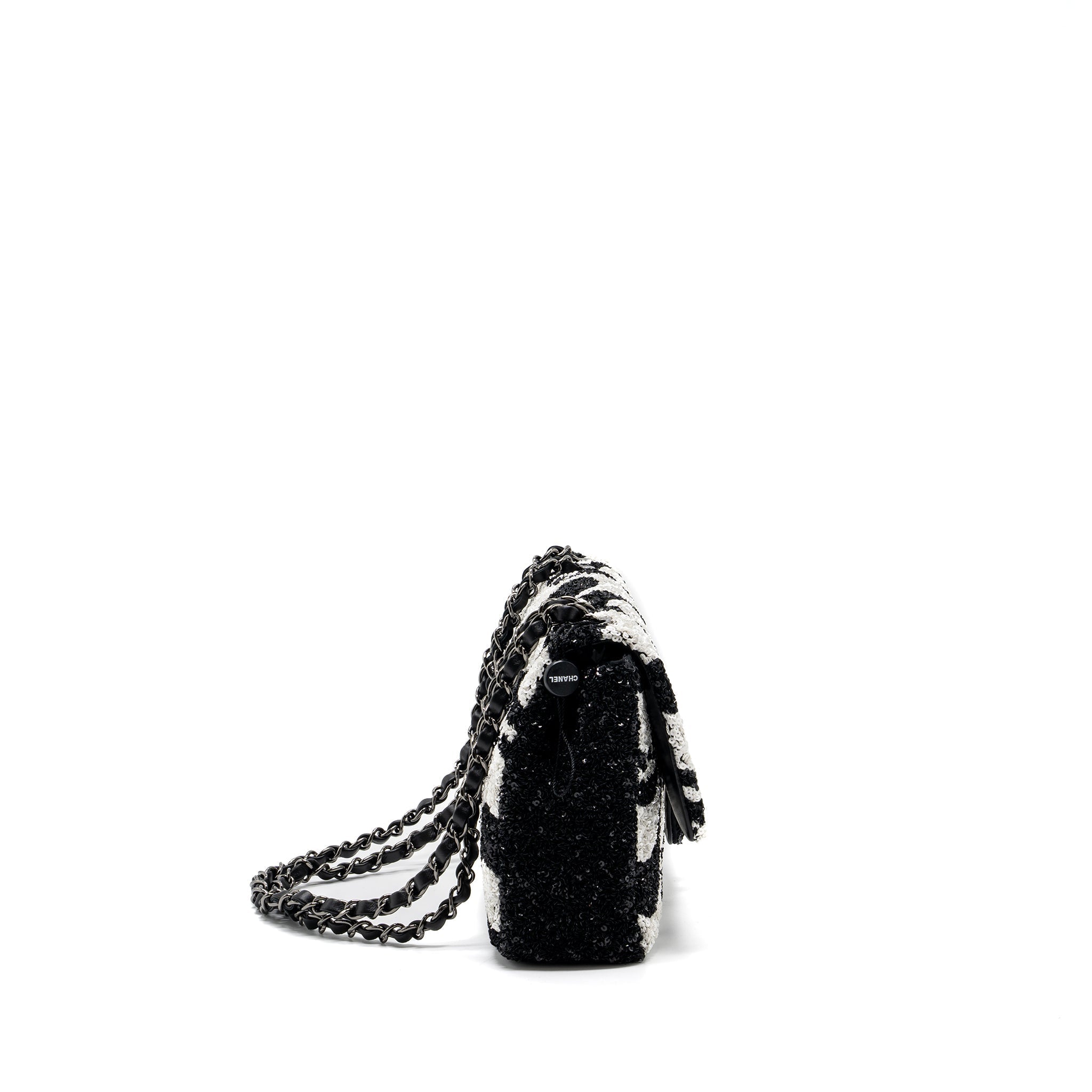 CHANEL 21P LIMITED EDITION FLAP BAG SEQUINS/ SATIN BLACK/ WHITE SHW