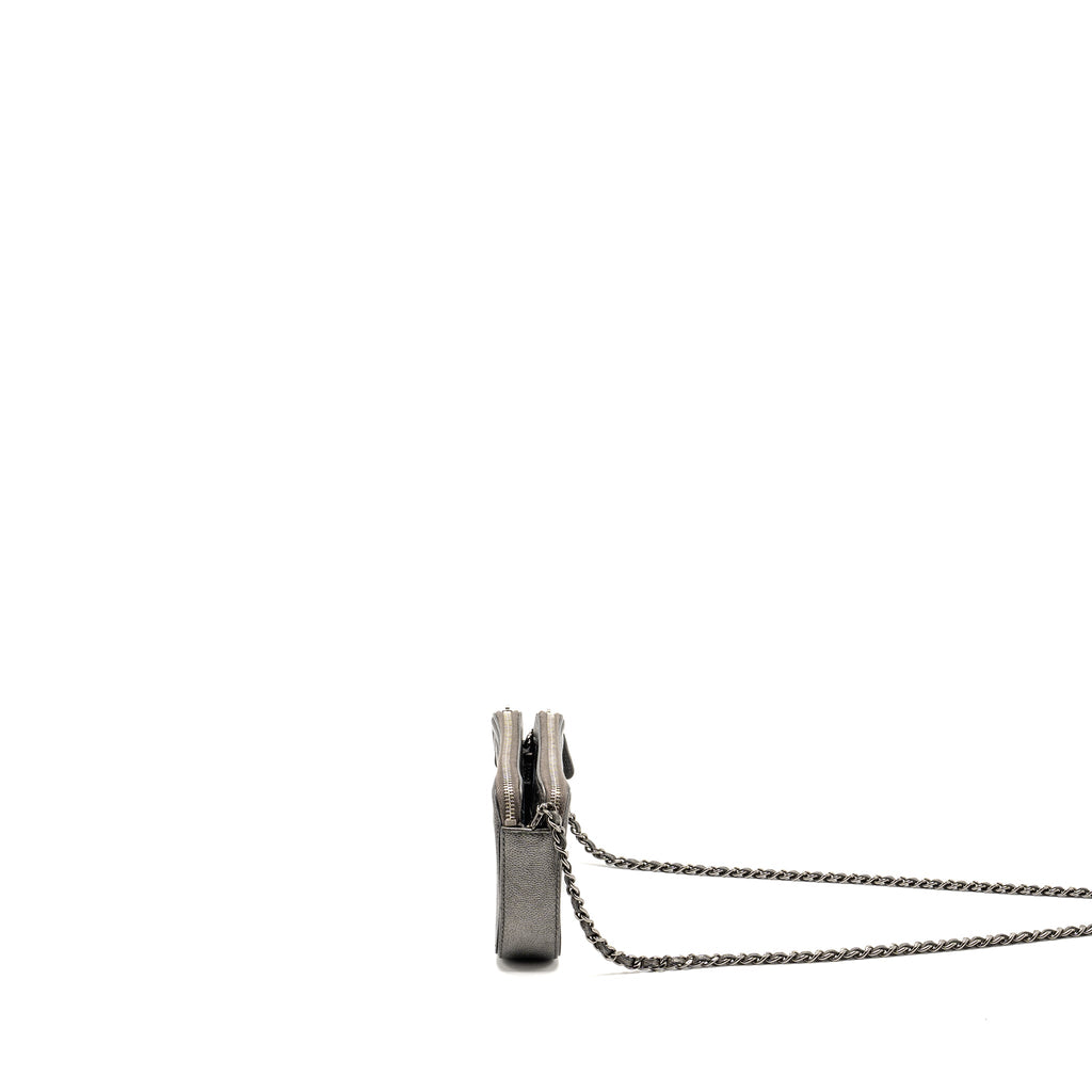 CHANEL CC FILIGREE DOUBLE ZIP CLUTCH WITH CHAIN CAVIAR GREY SHW