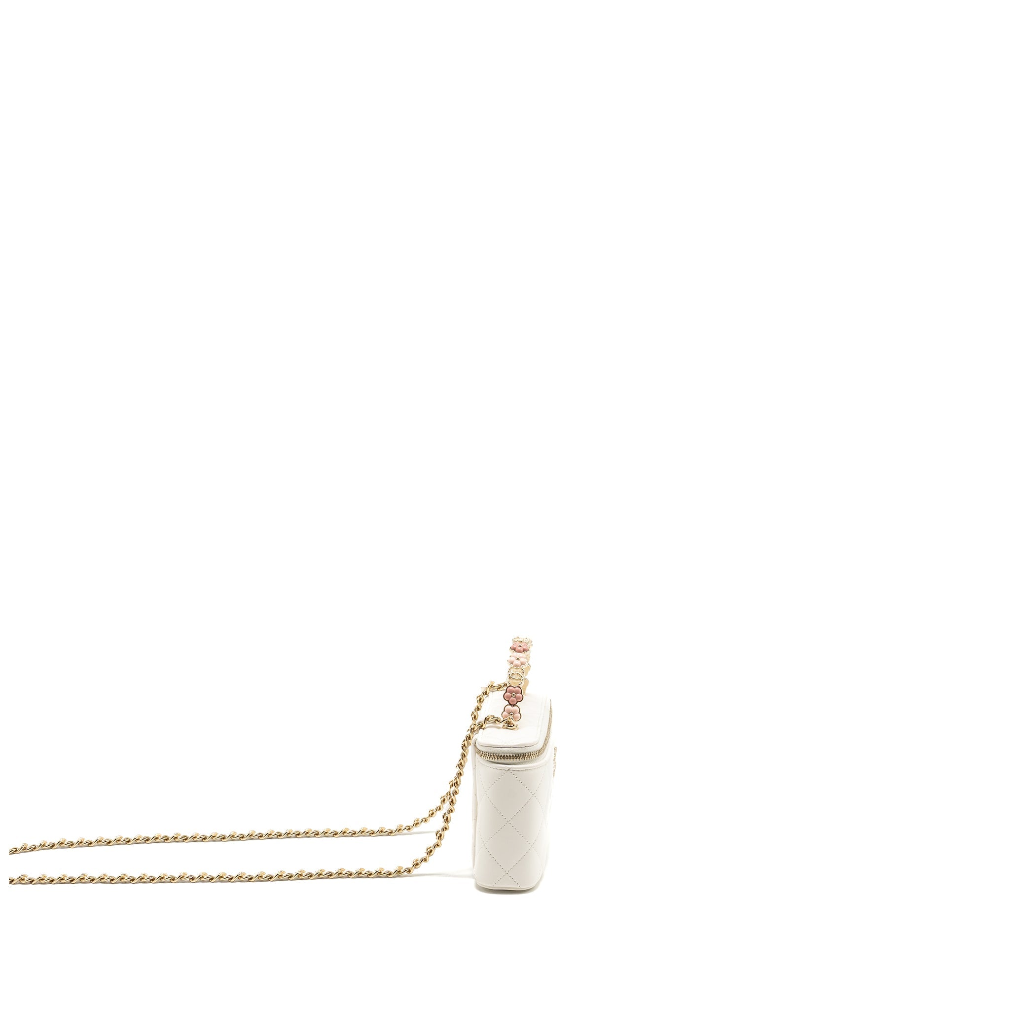 CHANEL 23K CAMELLIA TOP HANDLE LONG VANITY CASE WITH CHAIN CALFSKIN WHITE LGHW (MICROCHIP)