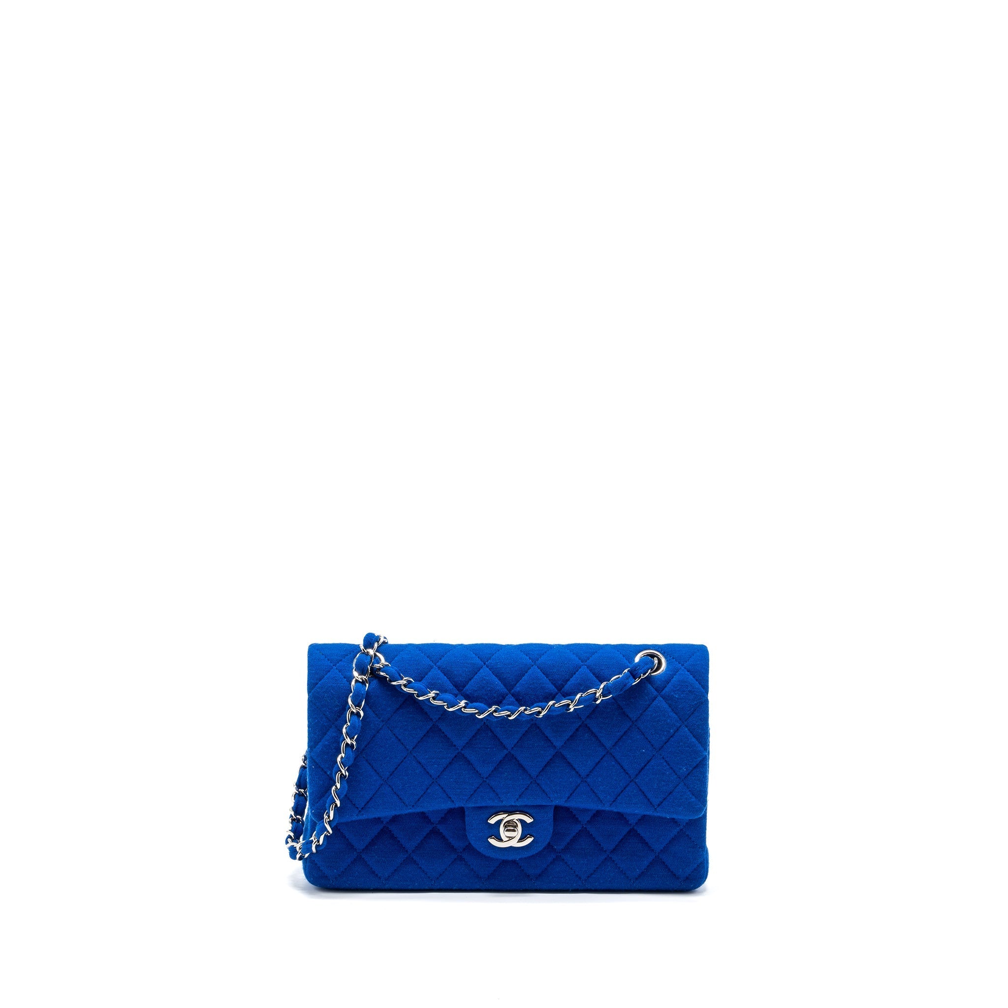 CHANEL MEDIUM CLASSIC DOUBLE FLAP BAG FABRIC BLUE SHW