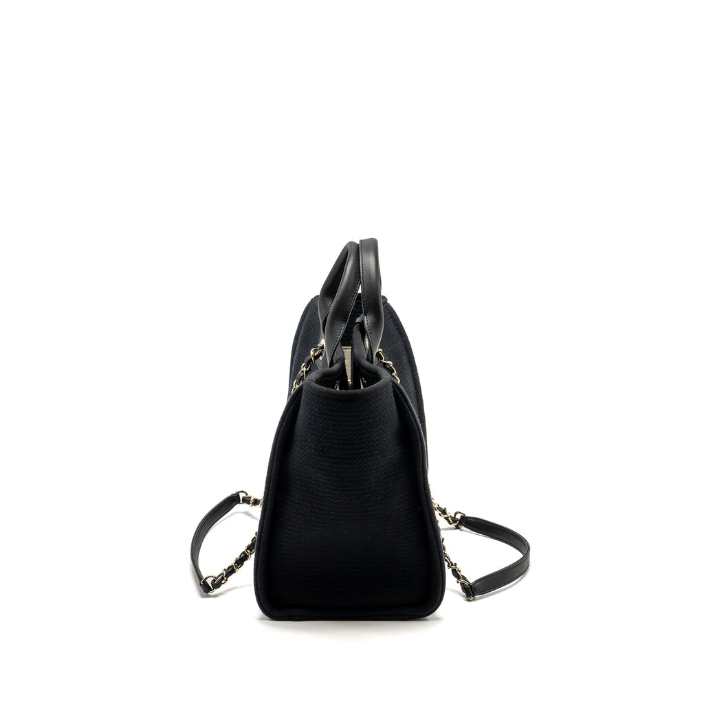 CHANEL SMALL DEAUVILLE SHOPPING TOTE BAG CALFSKIN/FABRIC BLACK LGHW (MICROCHIP)